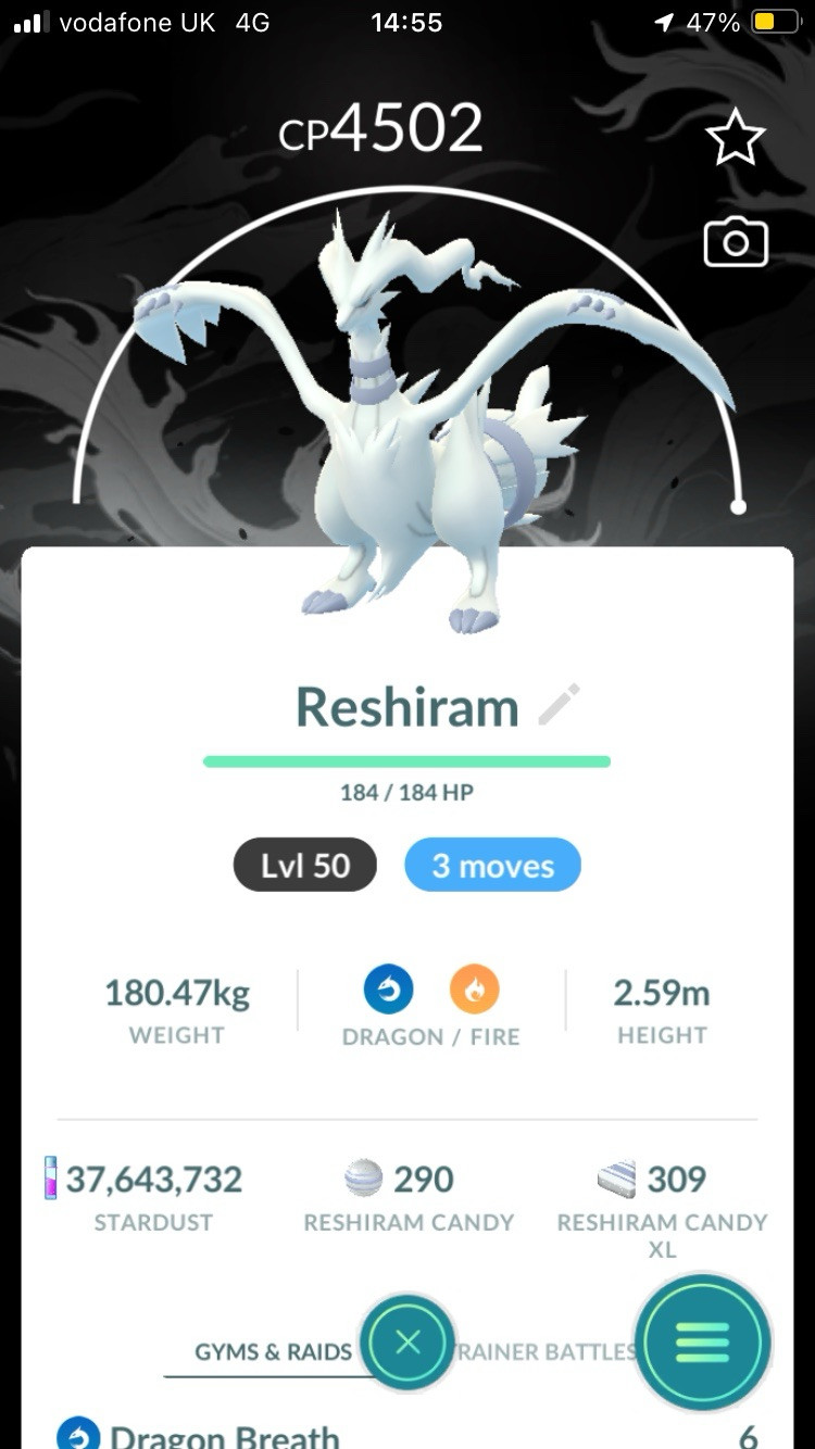 Pokémon Trade Go Level 50-Reshiram 3 Moves Kalos Black Background-Legacy Move
