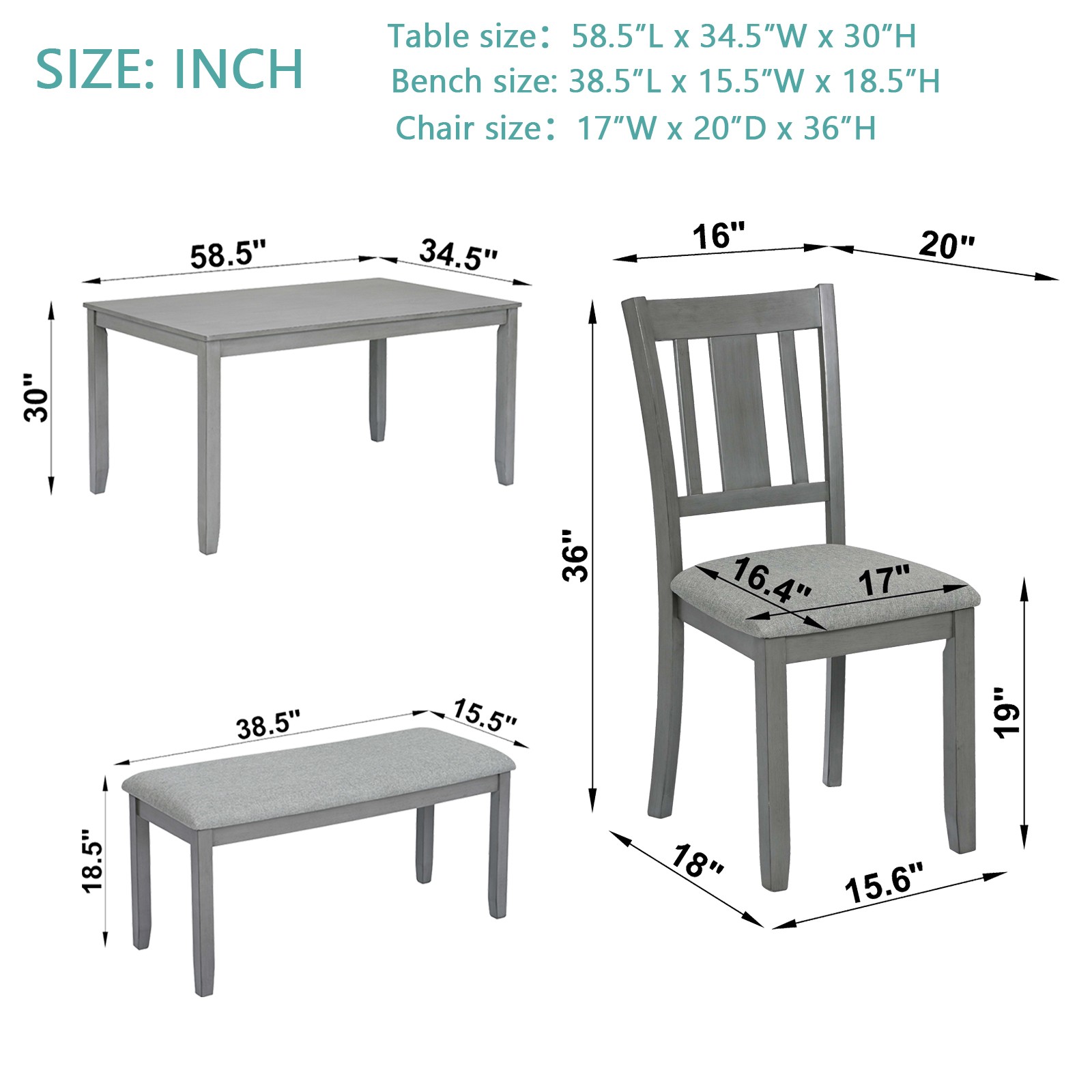 A rectangular dining table, equipped with 4 upholstered chairs and a long bench