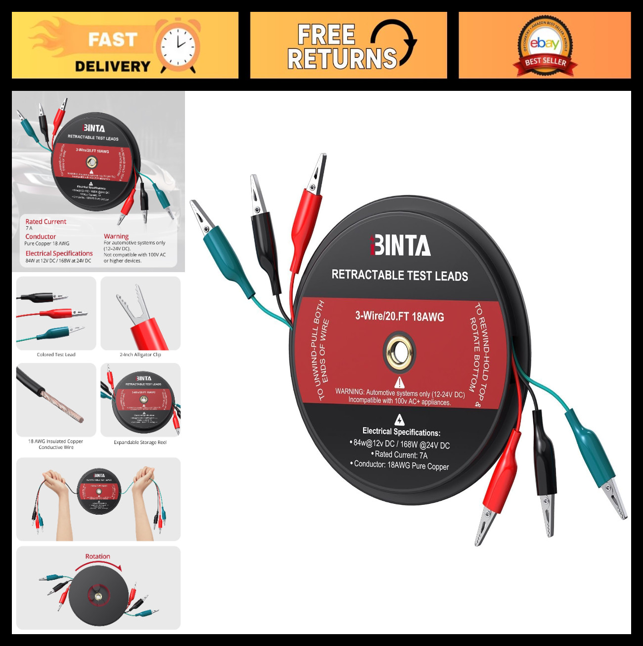 20 Ft Retractable Test Leads with Alligator Clips - 18 AWG Wire for Electrical T
