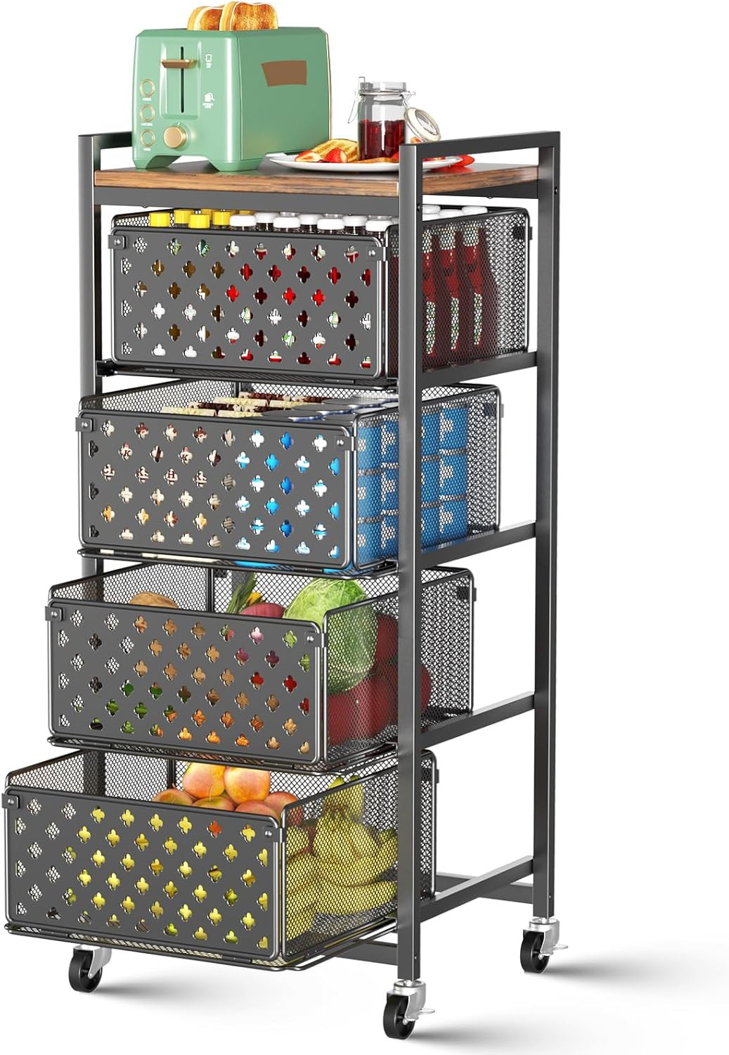 5 Tier Kitchen Storage Cart with Wheels, Utility Fruit Vegetable Storage Rack St