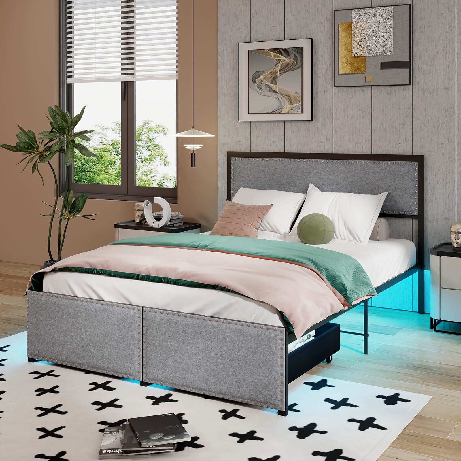 Full Size Bed Frame with 2 Storage Drawers LED Lights Slats Support Modern