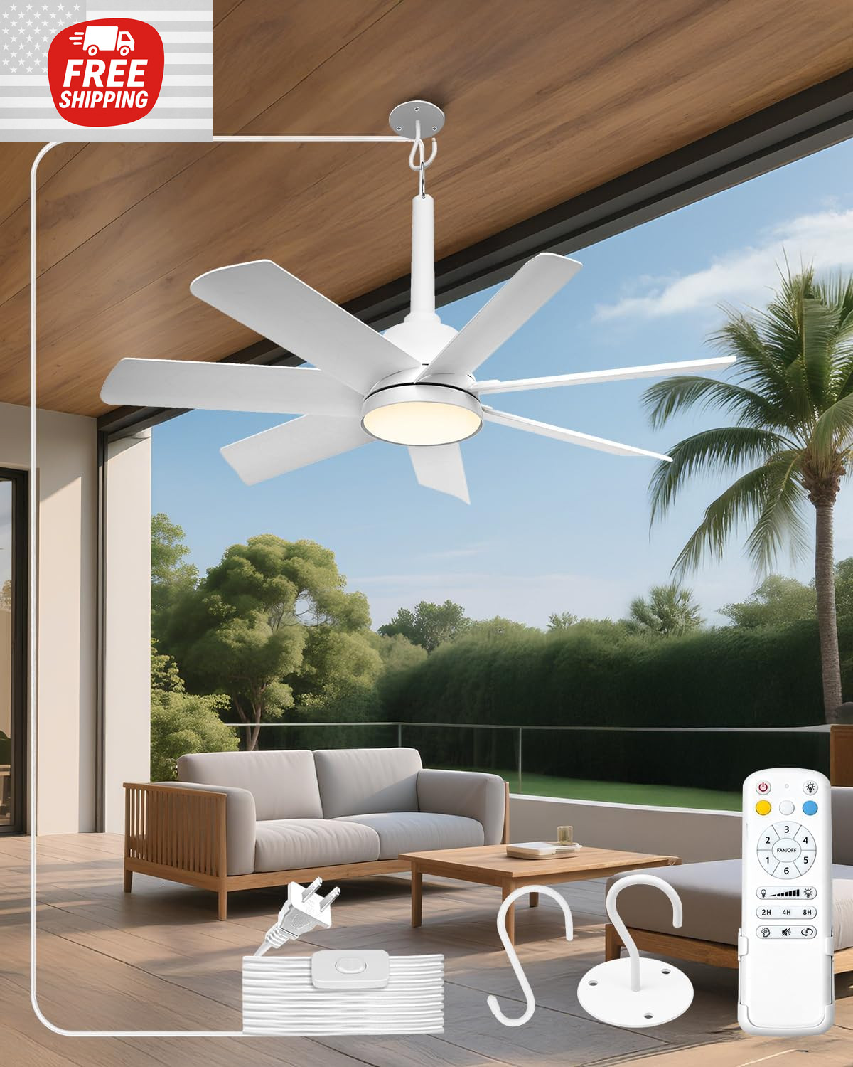 Outdoor Ceiling Fan with Light and Remote, 28" LED Fan Light, Gazebo Fan with Ha