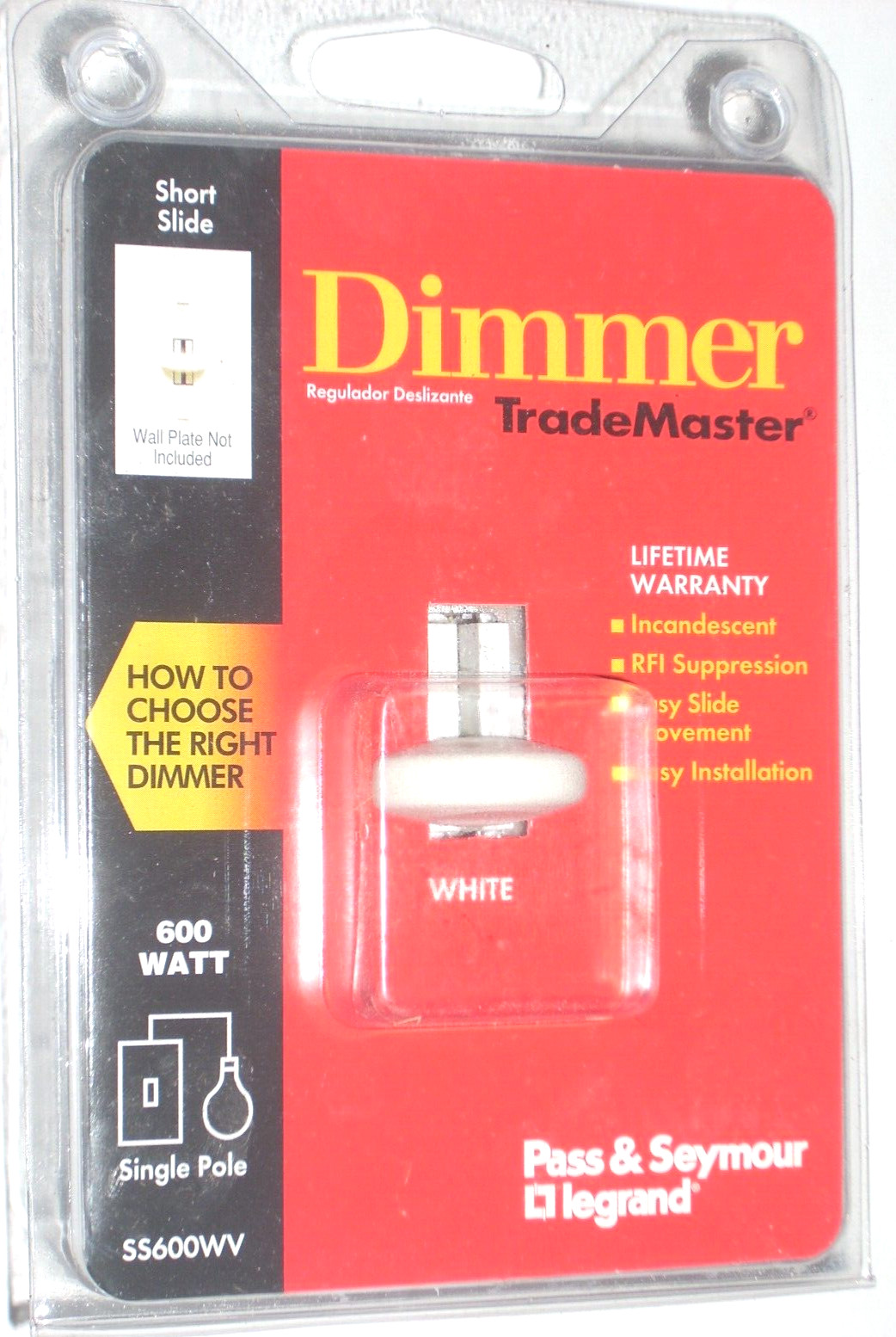 Pass & Seymour Short Slide Dimmer Light Switch White 600W Incandescent - S5600WV