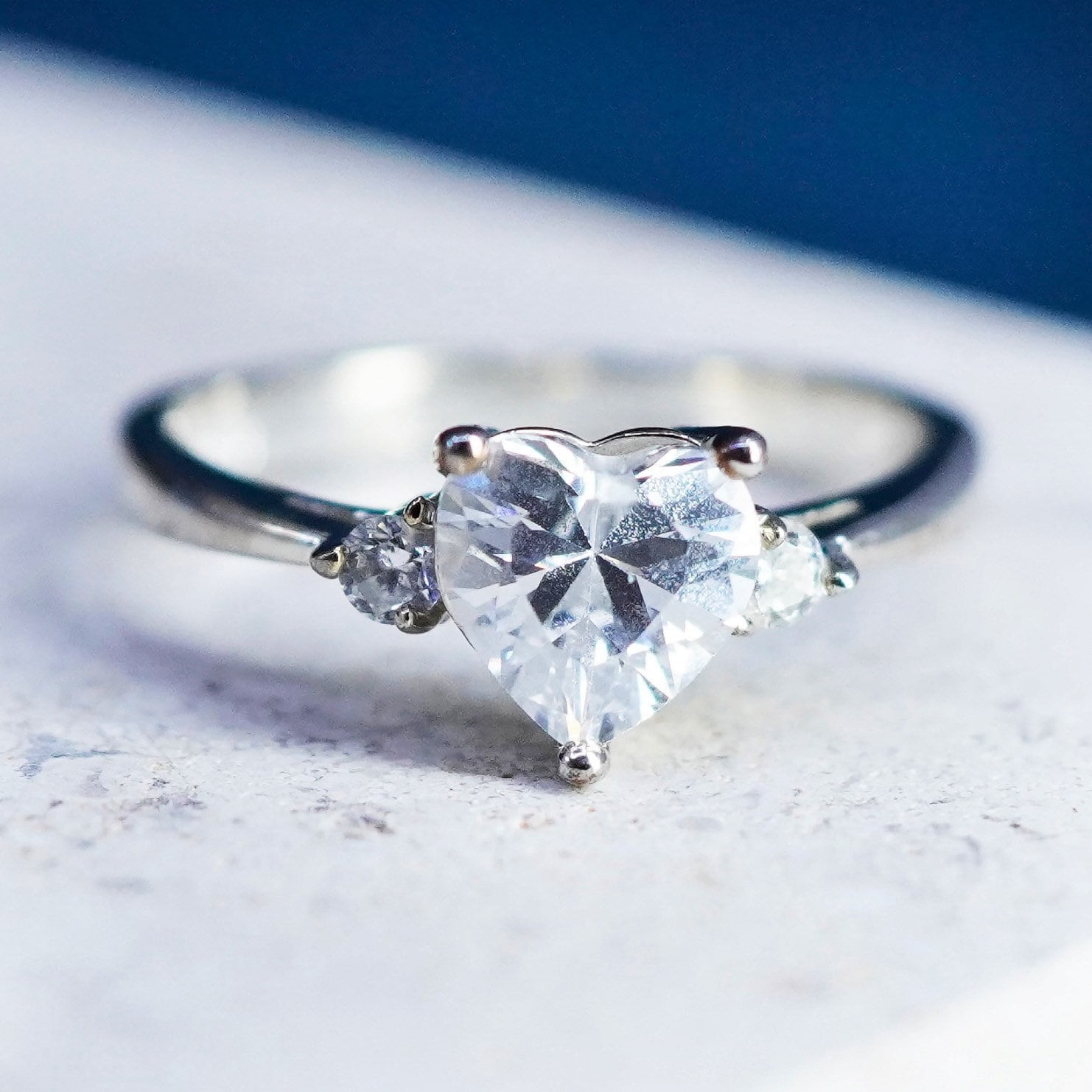 Size 6.25, Vintage Sterling 925 silver engagement ring, with heart Cz