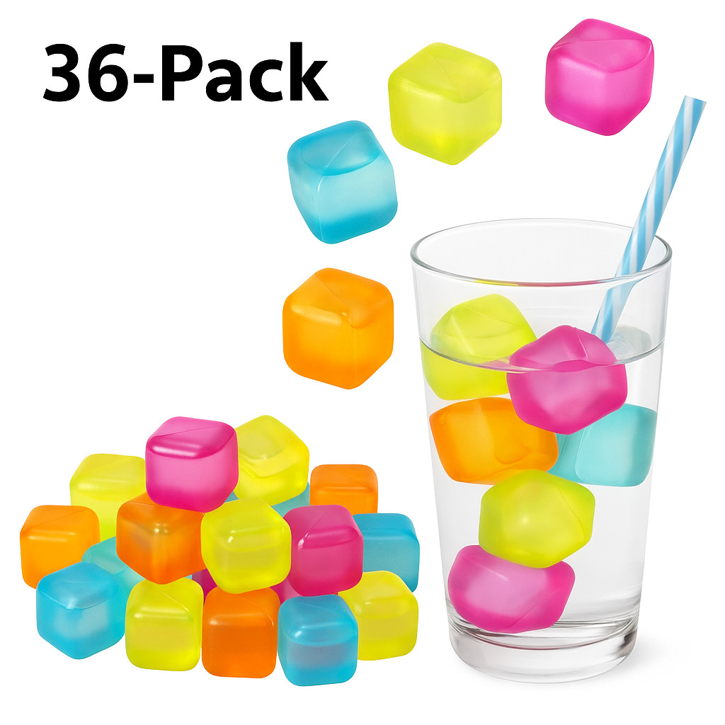 36-Pack Reusable Ice Cubes – 1" Square BPA-Free Multicolor Chilling Cubes
