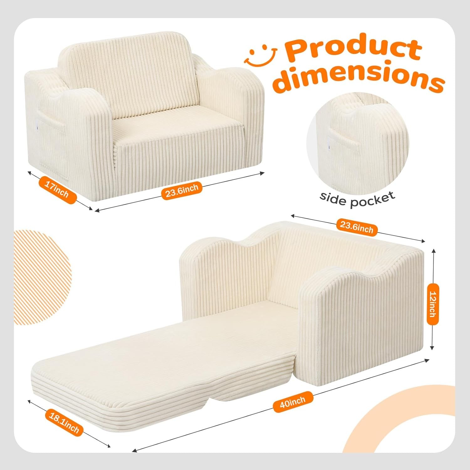 Toddler Couch Fold Out – 2-in-1 Convertible Kids Sofa Bed W/ Soft Corduroy Cover