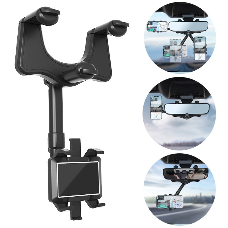 Universal 360 Car Rearview Mirror Mount Phone Holder Retractable Multifunctional