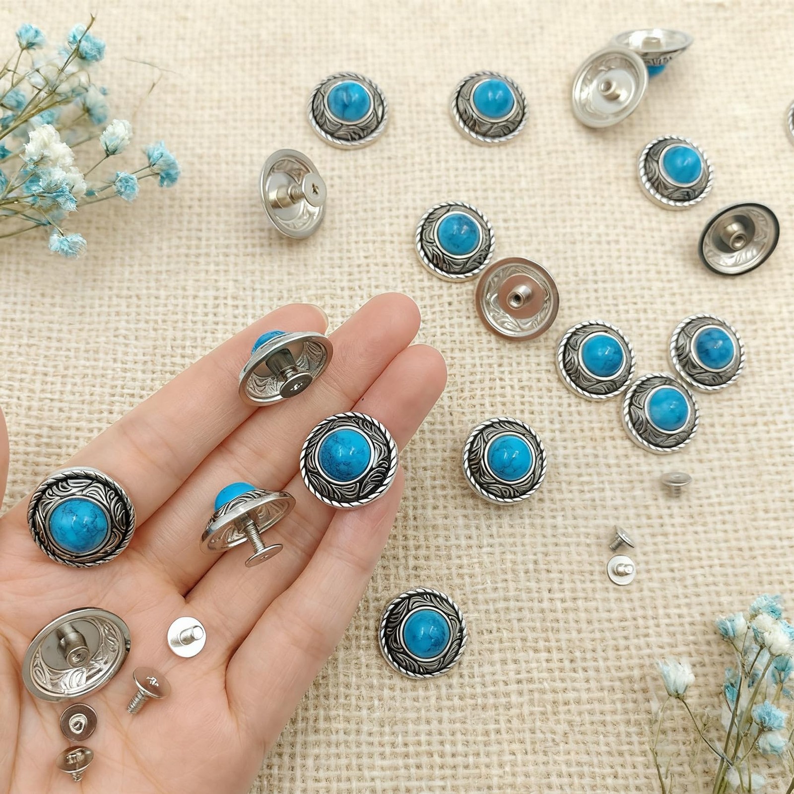 20 PCS Blue Turquoise Conchos Decorative Buckle Round Metal Screw Back