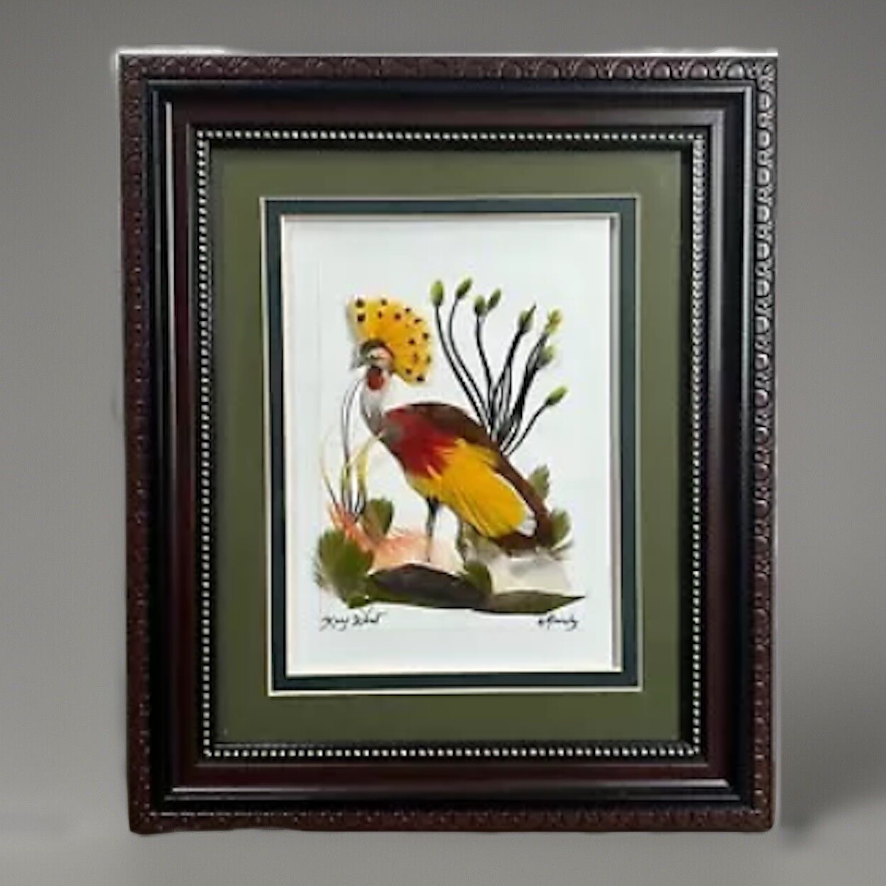 Rare Antonio Mendez Feather Folk Art Depicting Unique Vibrant Crowned Bird