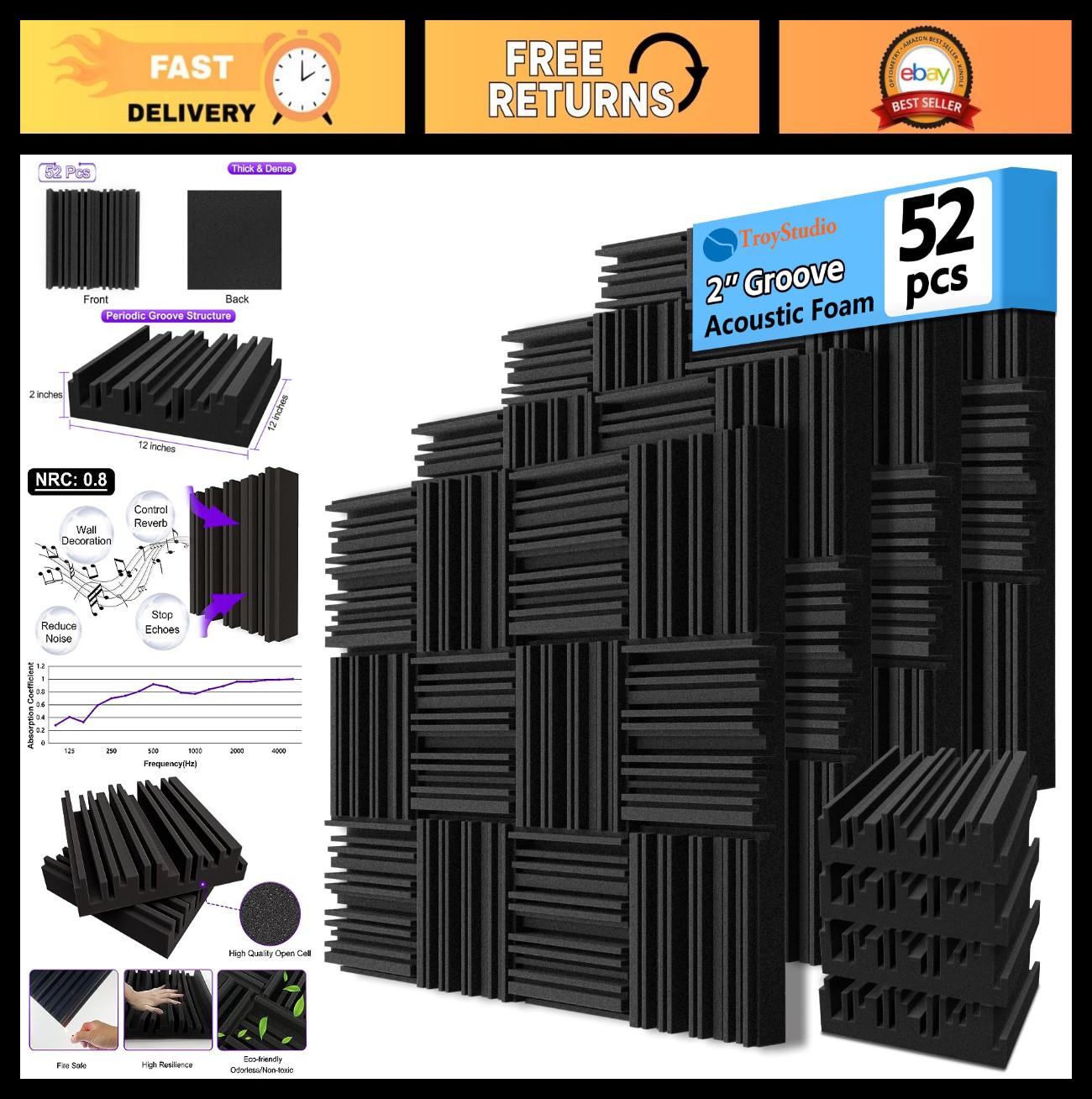 Thick Acoustic Foam Panels 12x12x2" - 52 Pcs Sound Absorbing Tiles for Studio &