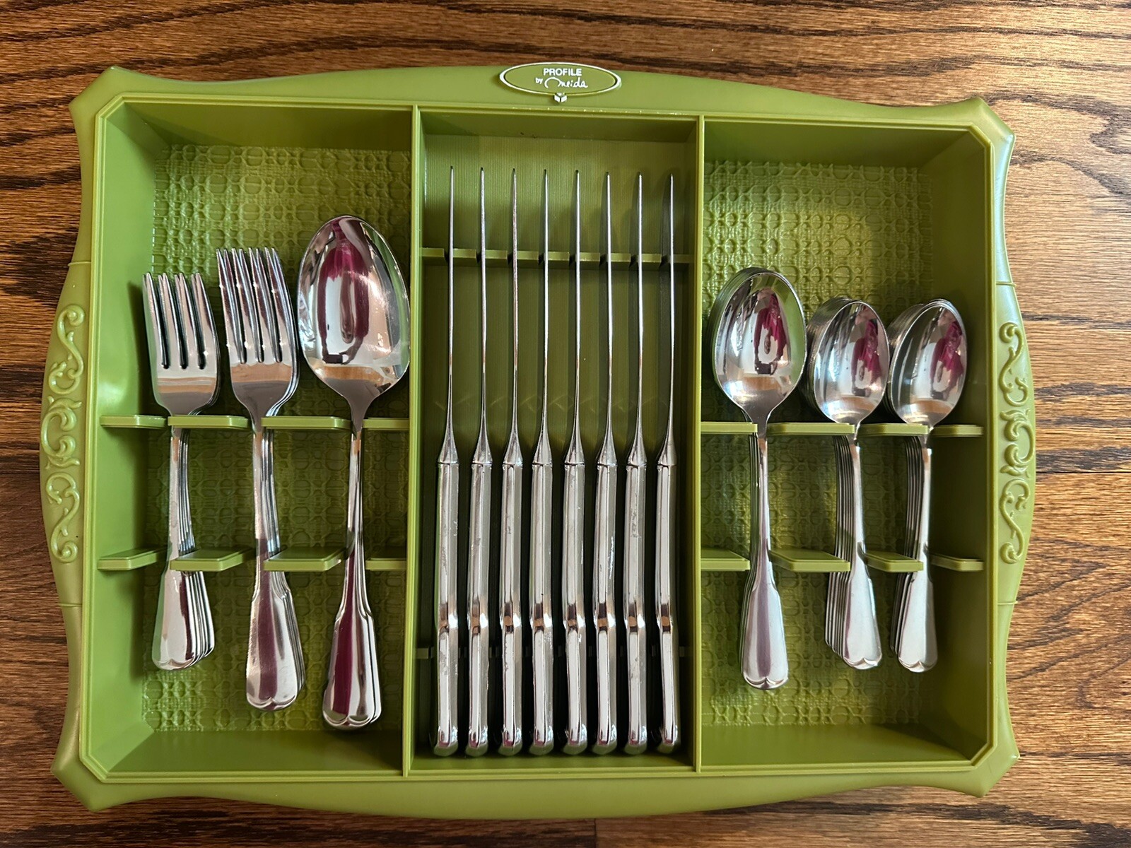 Oneida Profile Plymouth Flatware in Avocado Green Tray (Incomplete - 42 Pieces)