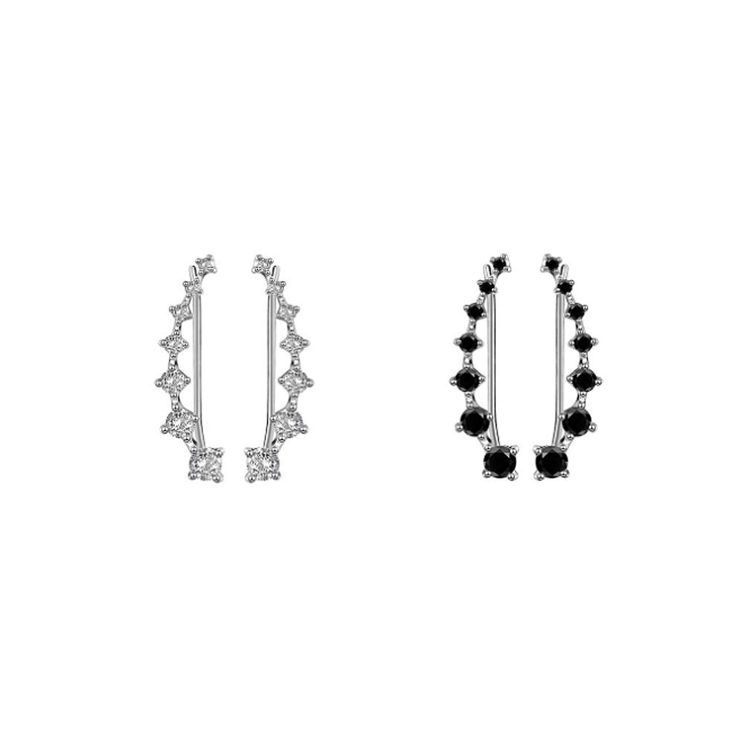 Sterling Silver 2 Pairs Set Black Clear 7 Crystal CZ Ear Cuff Wrap Crawler Cl...