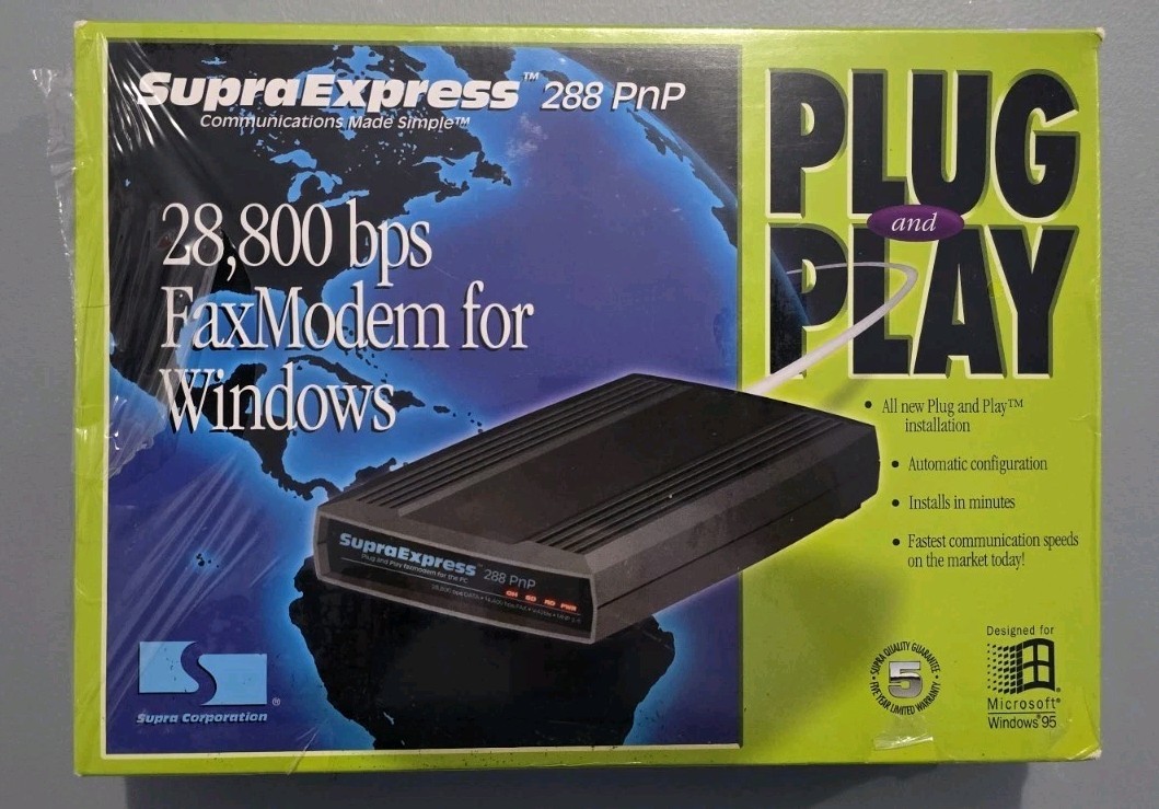 Vintage SupraExpress 288 PnP External FaxModem Windows 95 3.1 New Sealed NOS