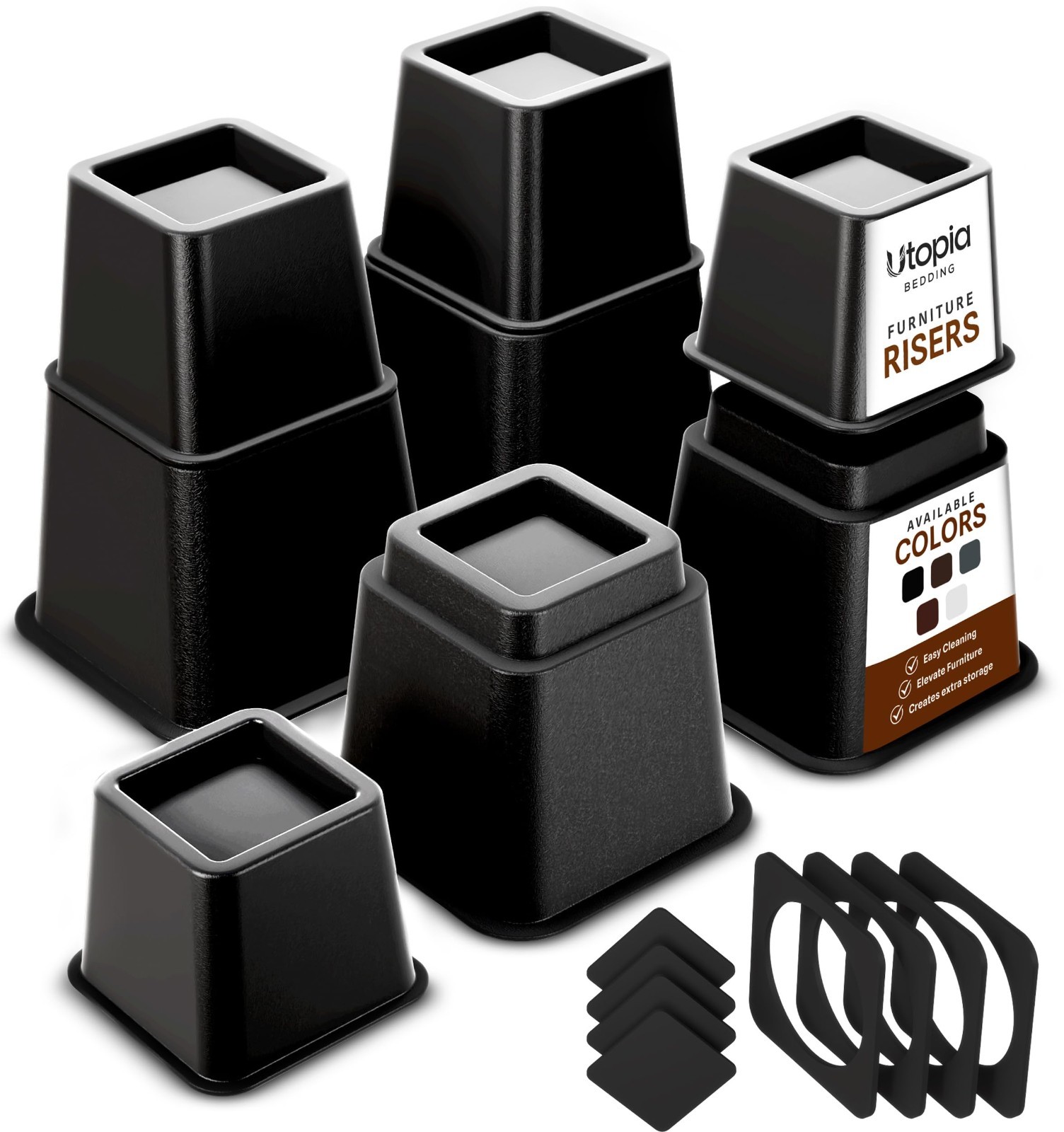 Adjustable Bed Risers 3 & 5 Inch, 1300 lbs Capacity, 4 Pack - Black Height Boost