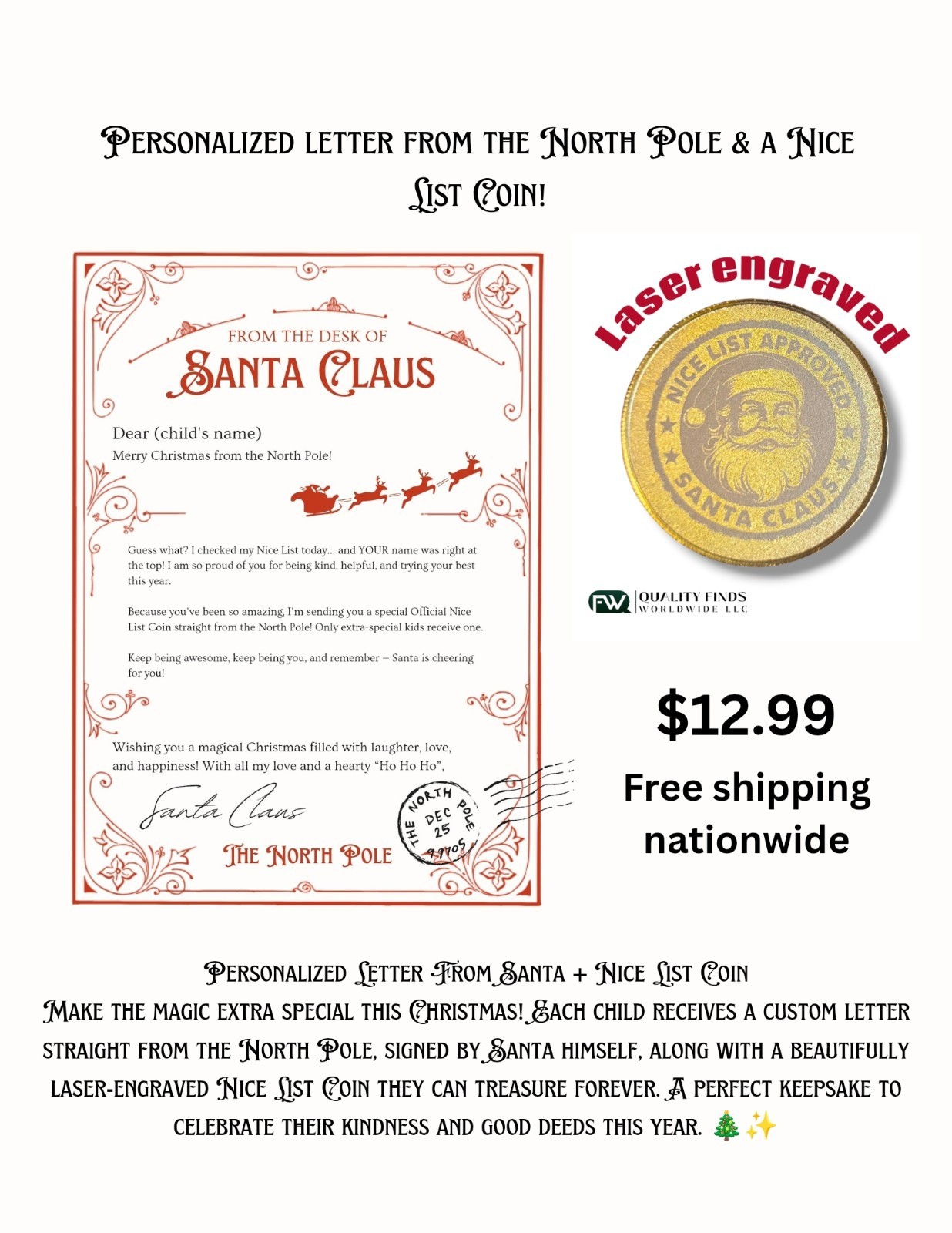 Personalized Letter From SANTA and LASER ENGRAVED COIN Christmas Gift
