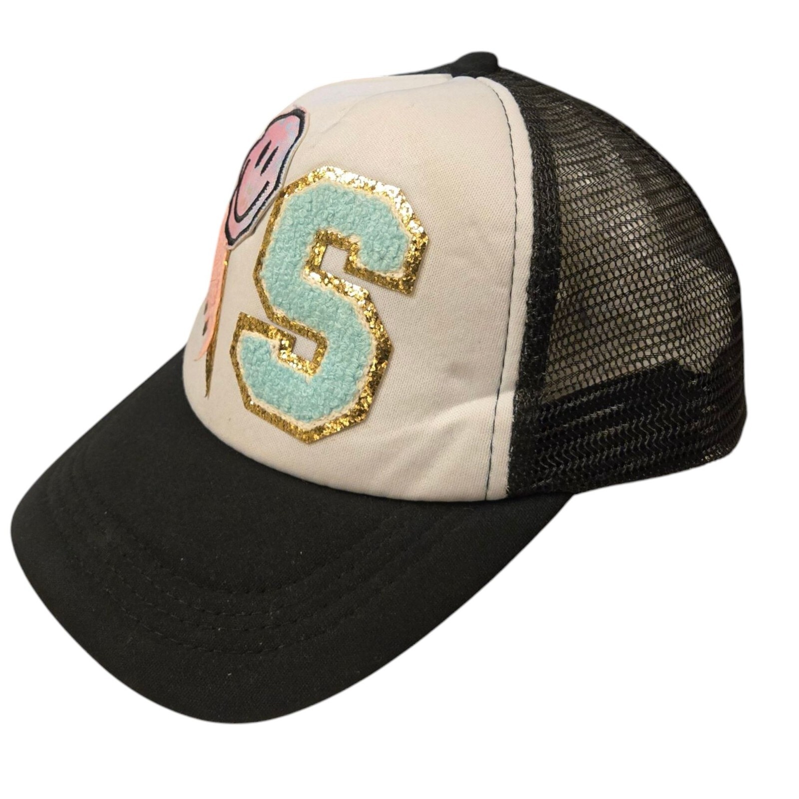 Letter S Trucker Hat Black White Mesh Snapback Smiley Face Lightning Bolt READ
