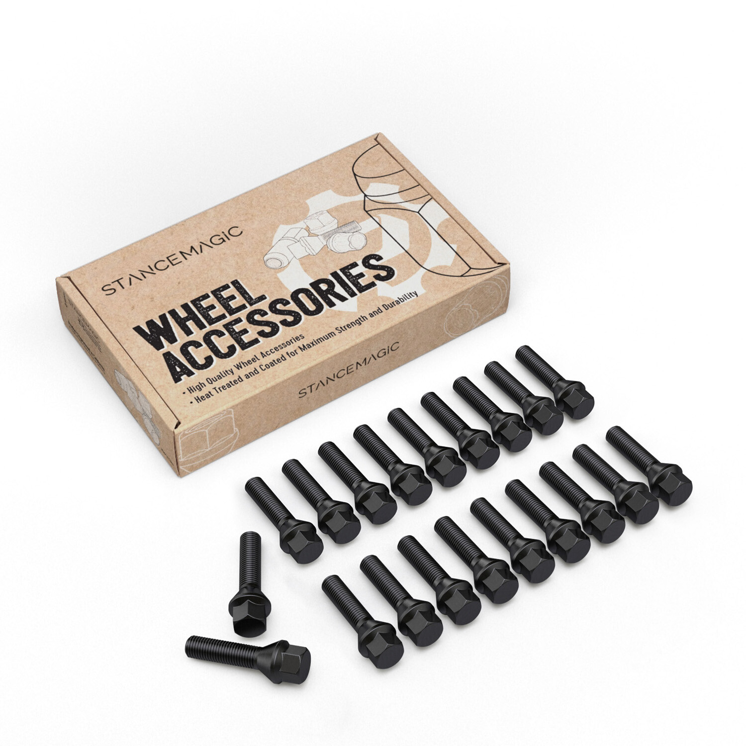 20pc Extended 14x1.5 Lug Bolts | 40mm Shank | Black | Cone Seat | for VW & Audi