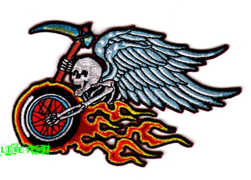 BIKER PATCH SKULL FLAMING MOTORCYCLE WHEEL EMBROIDERED IRON ON PATCH vest jacket