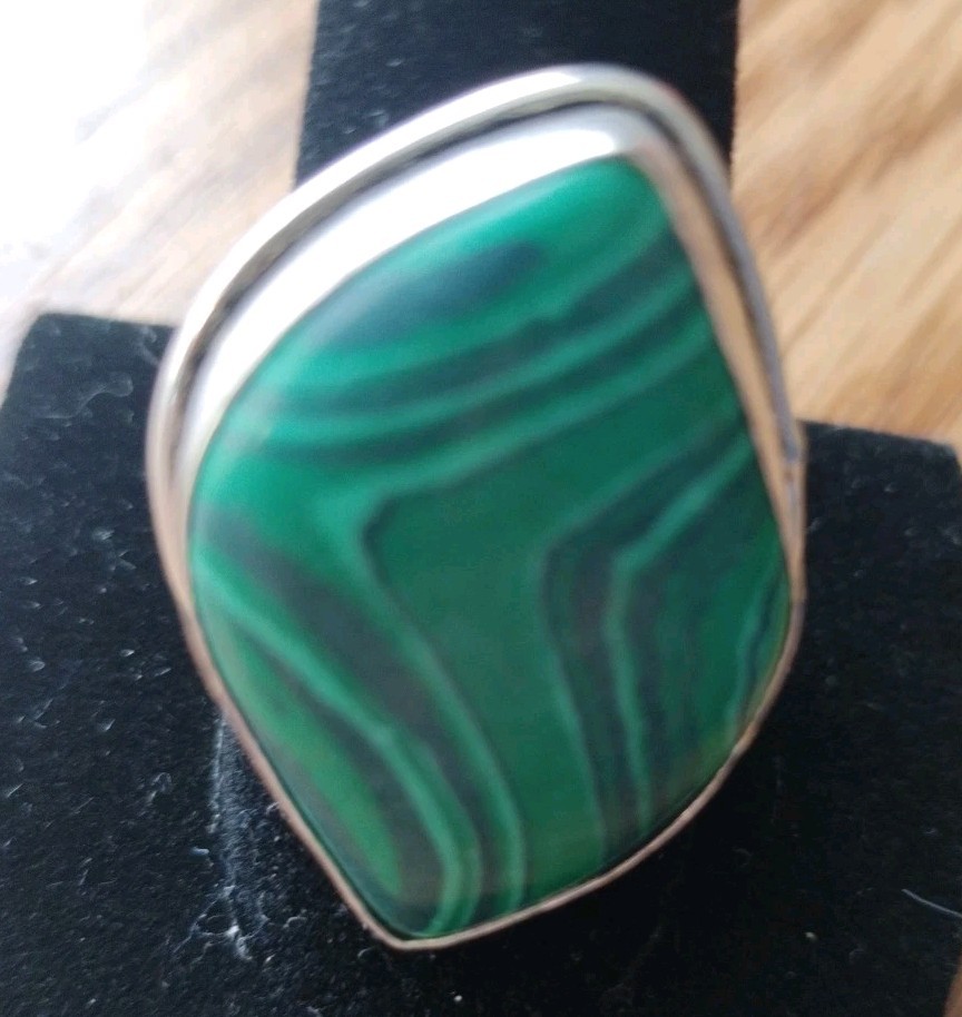 Silver Malachite Green Statement Ring. Size 8.75