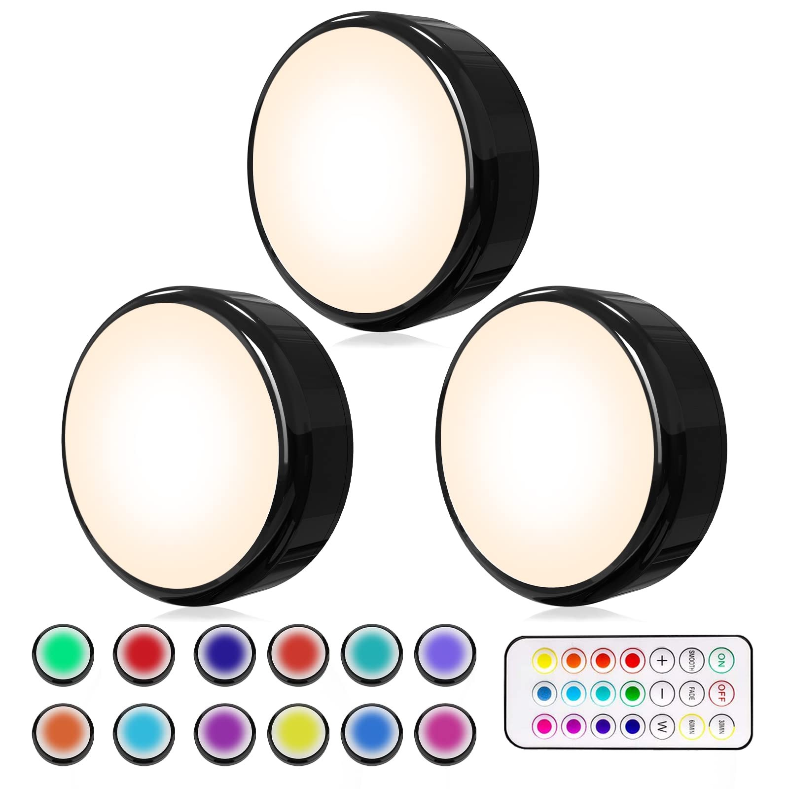 Puck Lights with Remote, 3 Pack Color Changing RGBW Stick-On Light, Battery P...