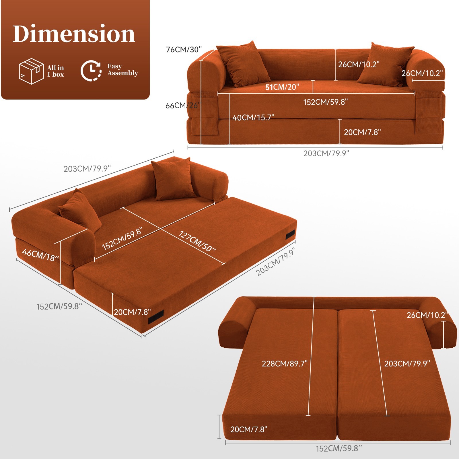 80" Queen Convertible Sofa Bed, No Assembly Modern Boneless Couch Sofa in Box