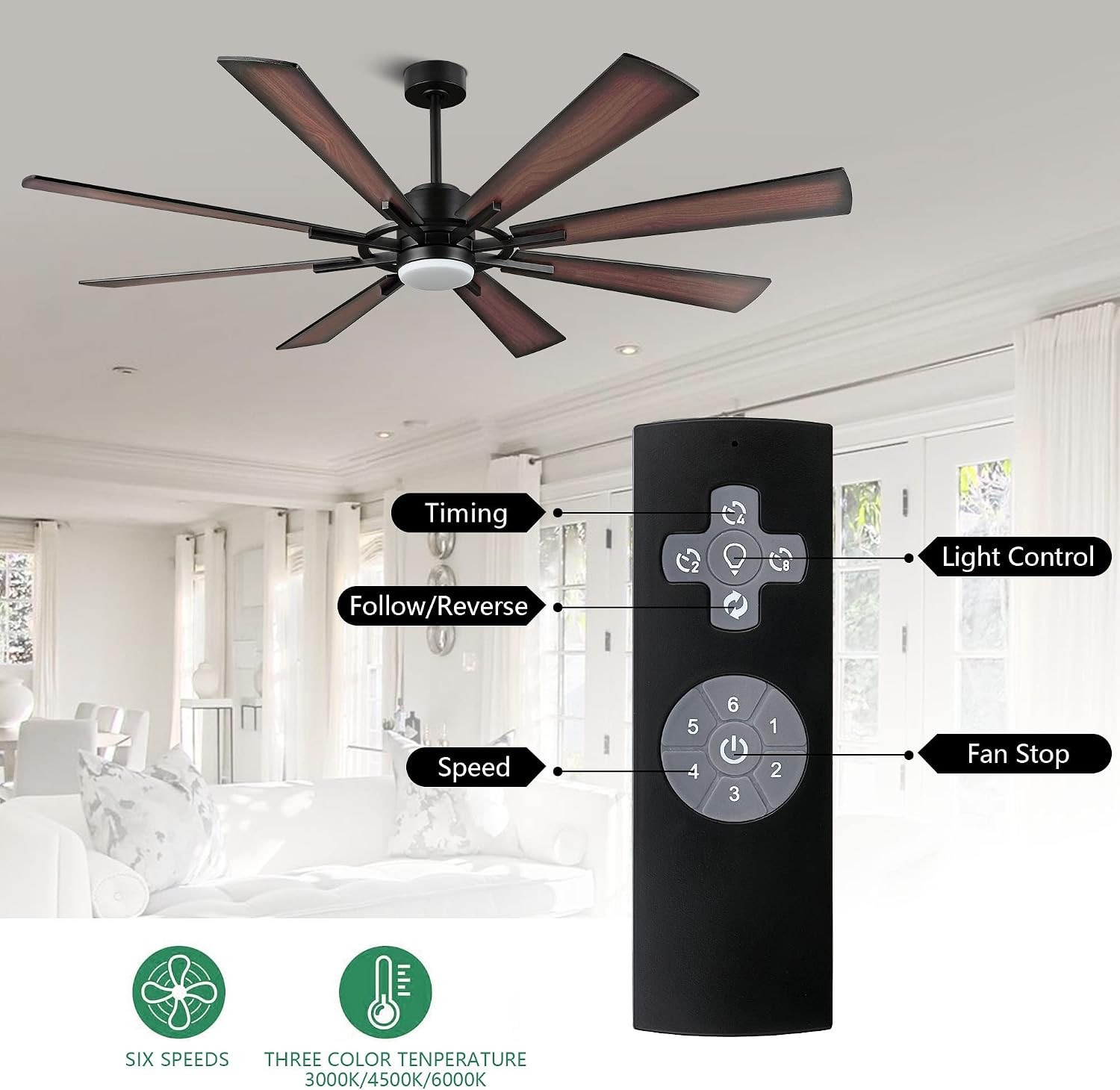60" DC Ceiling Fan with Lights and Control, Matte Black Ceiling Fan with Walnut/