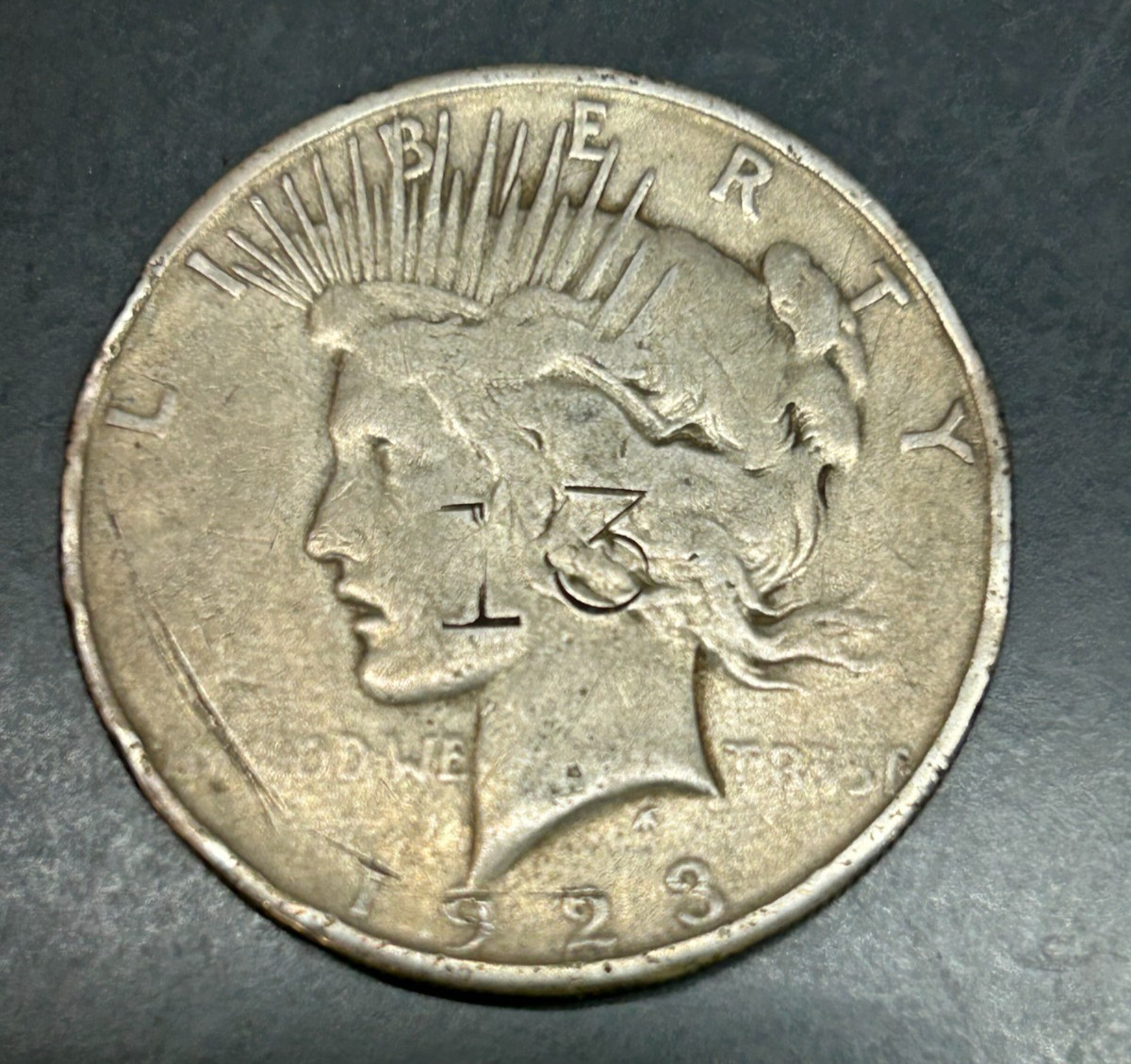 1923 S Peace Silver Dollar. Circulated. Counter Stamp (#13) On Both Sides