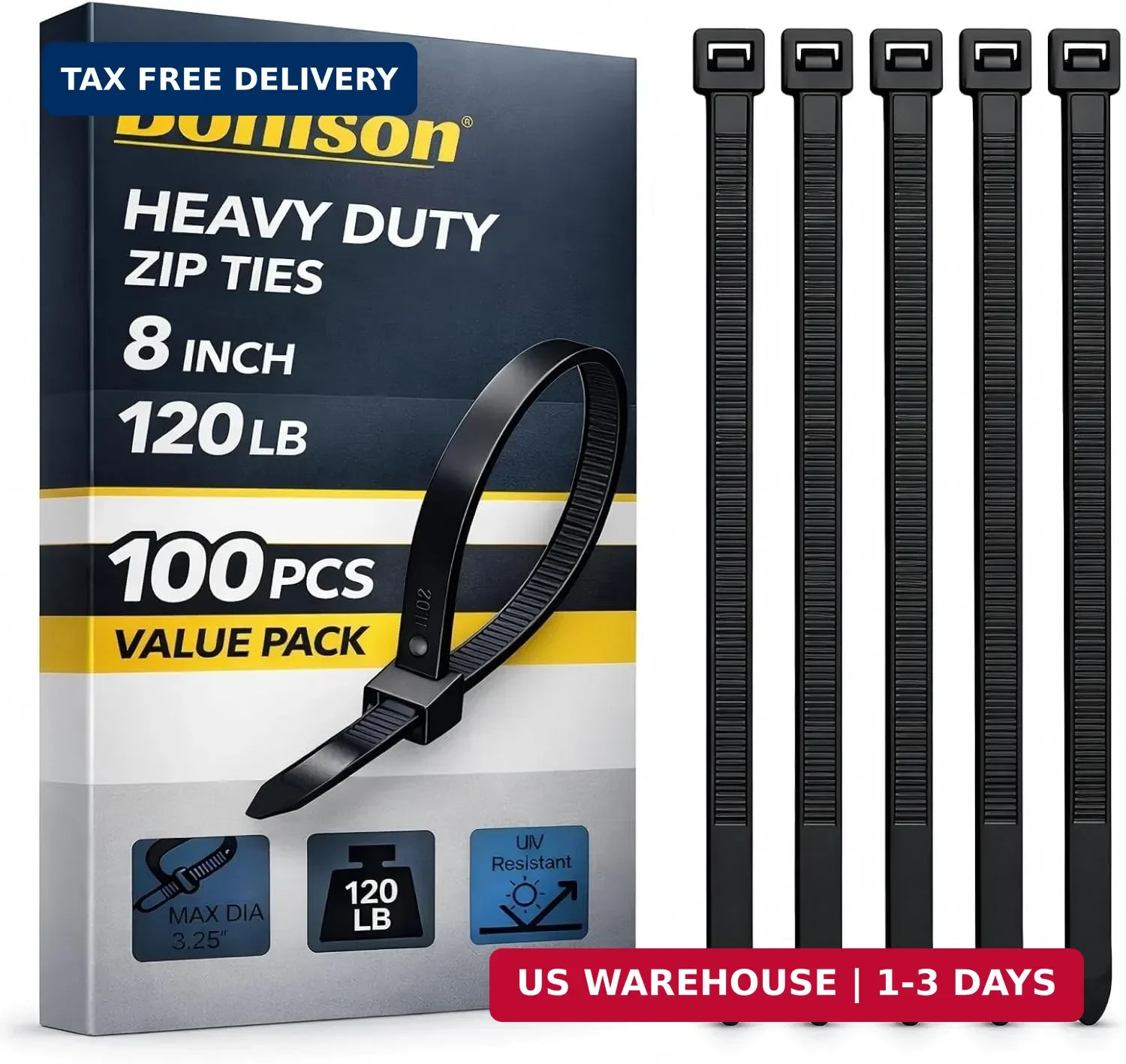 Zip Ties 8 inch Heavy Duty Zip Ties with 120 Pounds Tensile Strength, Black Cabl