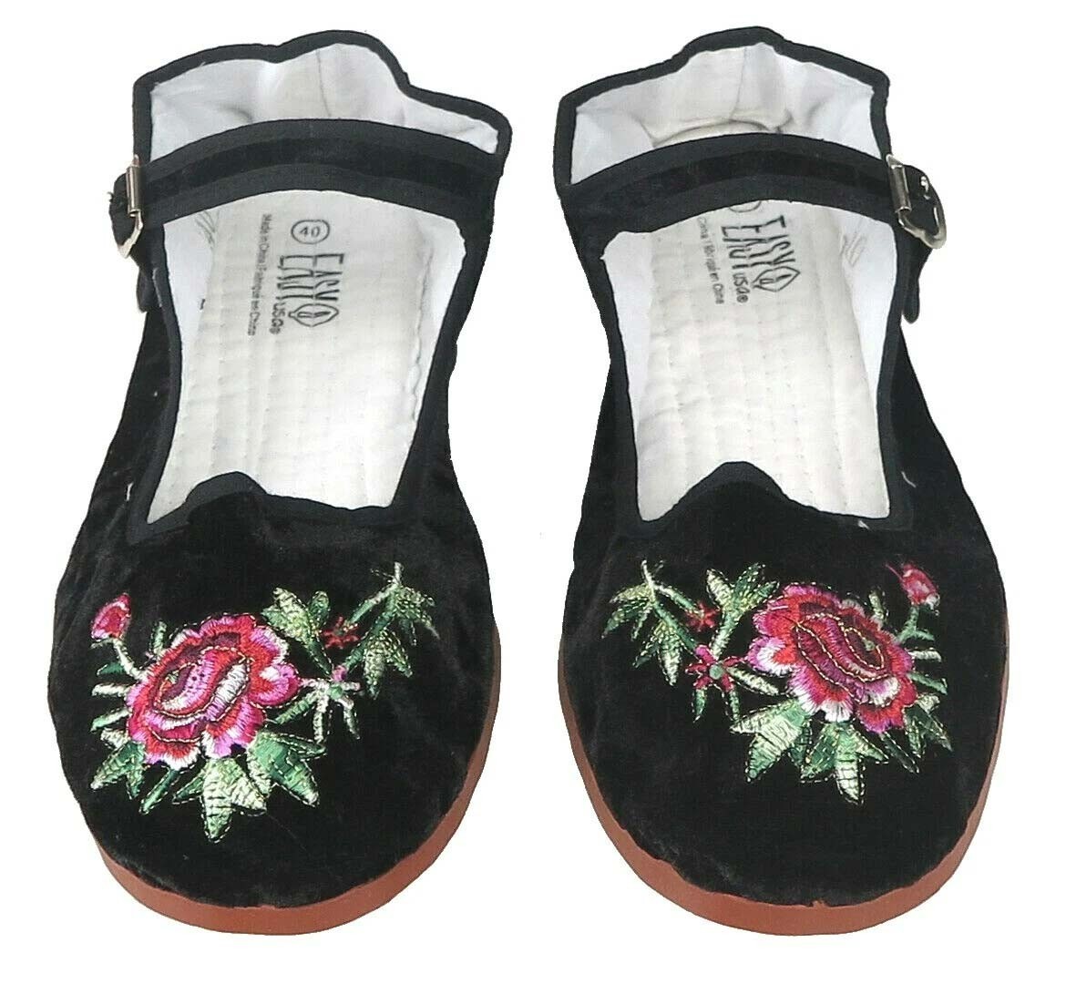 Women's Chinese Mary Jane Floral Velvet Shoes Slippers Black - Sizes 35-40 New