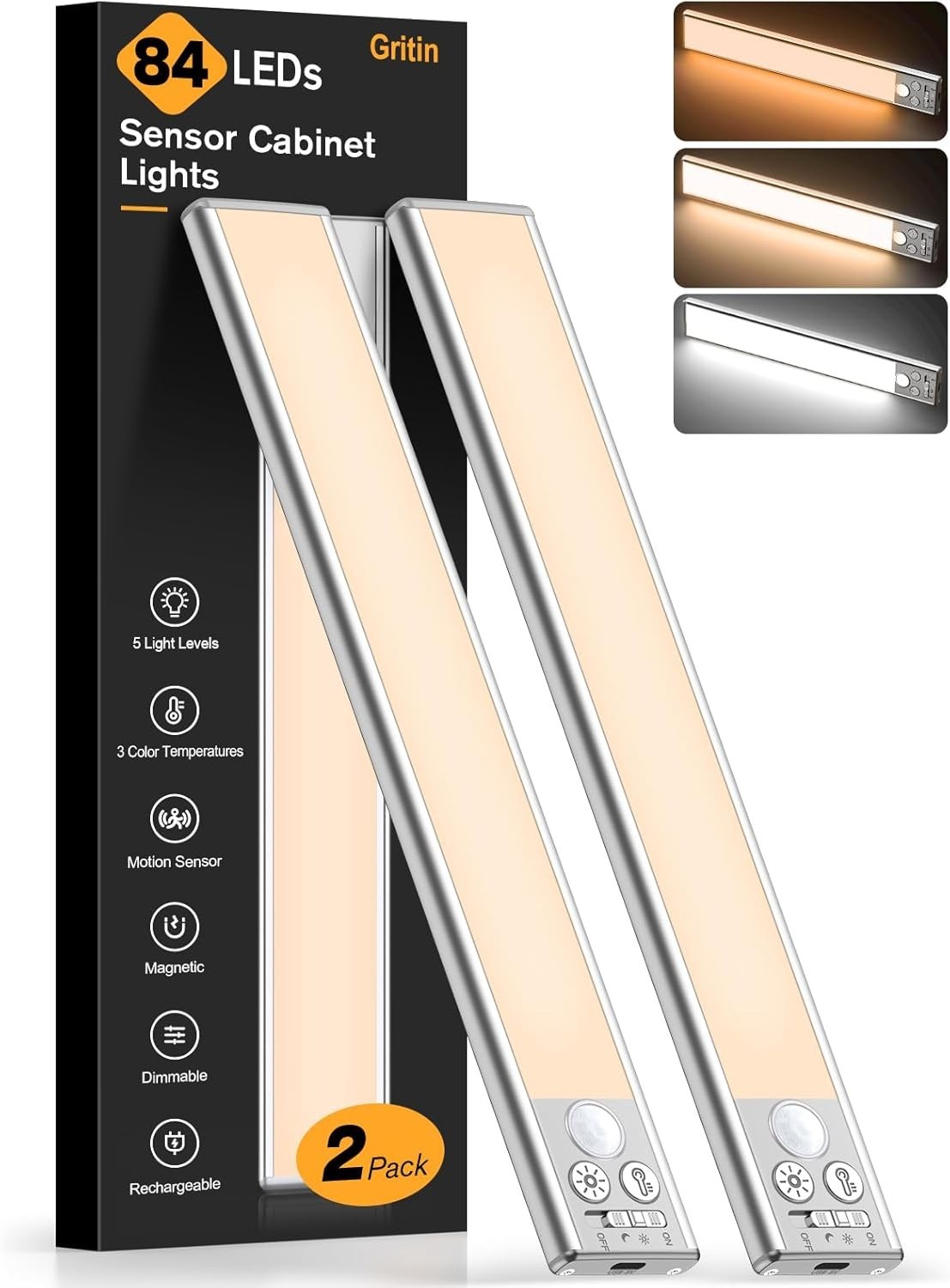 10" Rechargeable Motion Sensor under Cabinet Lights, 2 Pack, Wireless Indoor Lig