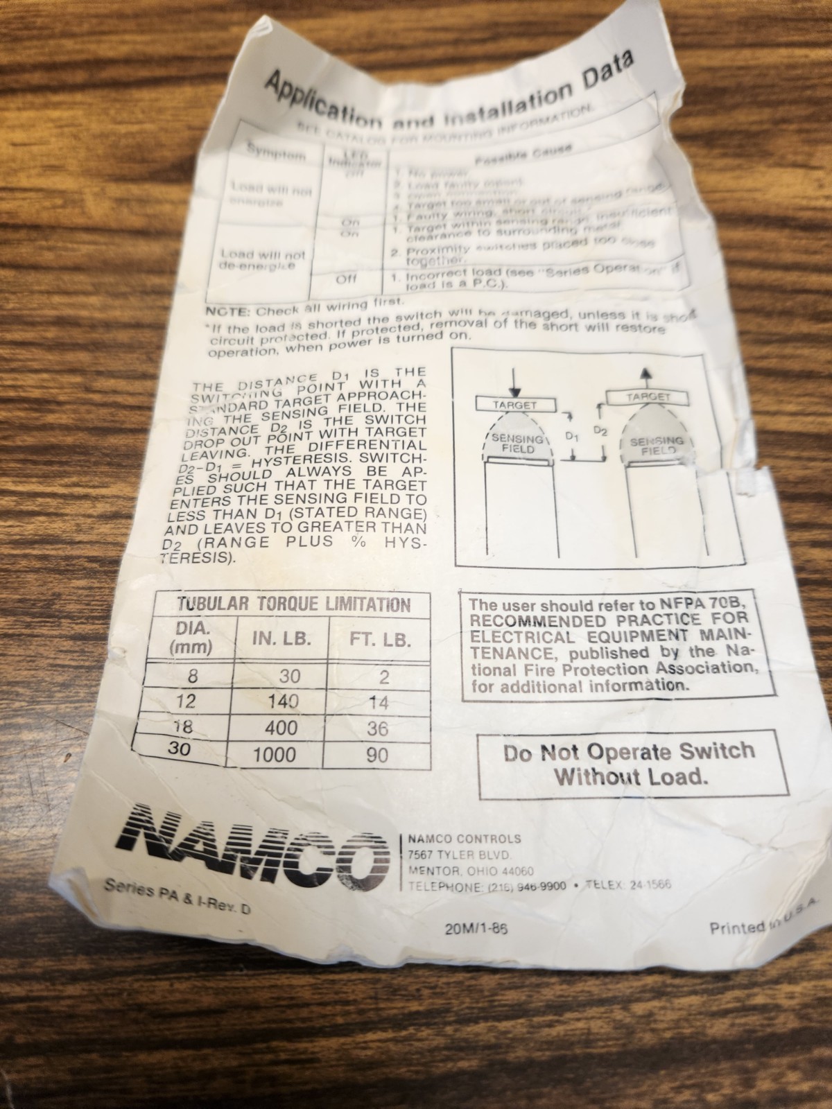 namco proximity switch. et211-32110. # O
