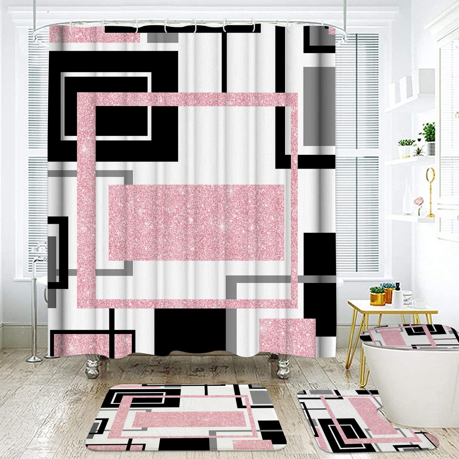 Onalasyc 4Pcs Pink Geometric Shower Curtain with Rugs Set Waterproof Pink Bat...