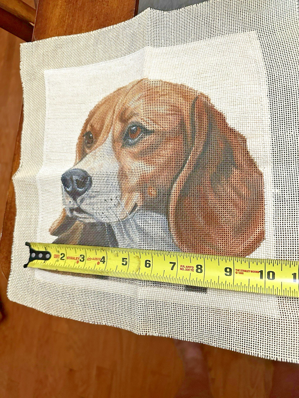 Vintage needlepoint canvas BEAGLE 10.5" x 10.5" 14 HPI started - no threads