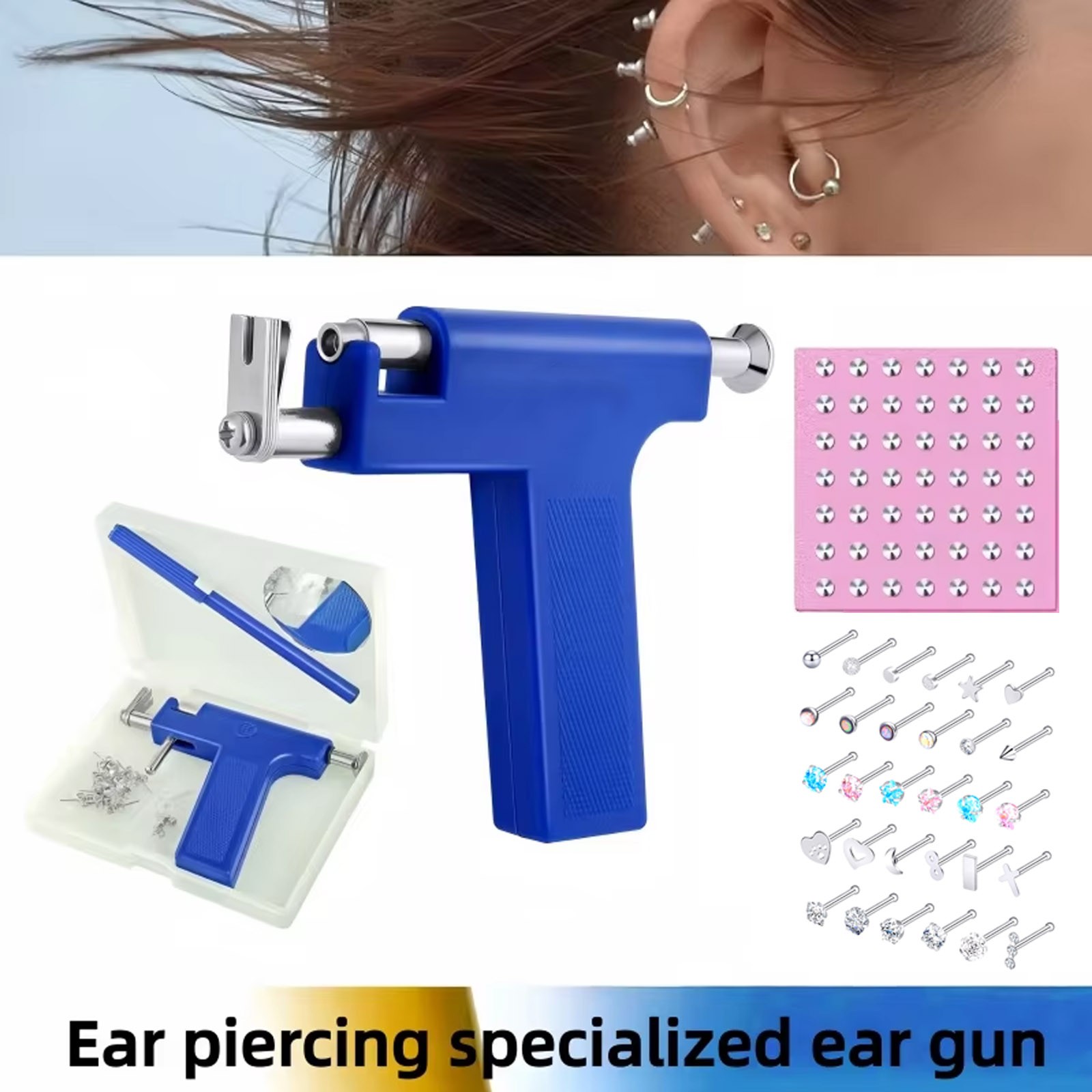 DIY Body Piercing Gun Kit 128 Studs Ear Nose Navel Lip For Home Salon Use