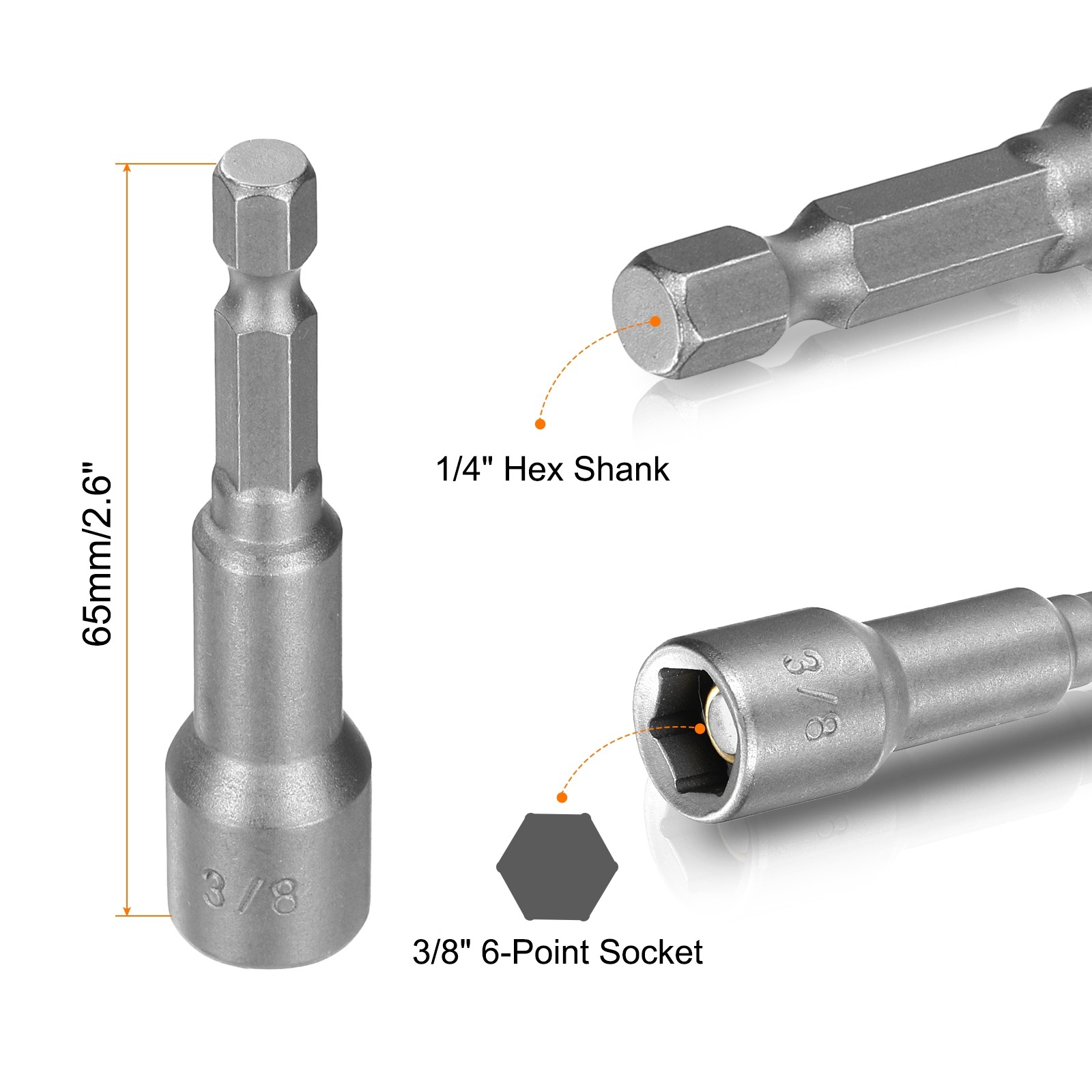 5pcs Nut Driver Drill Bit 3/8" 6-Point Socket 1/4" Hex Shank Magnetic Nut