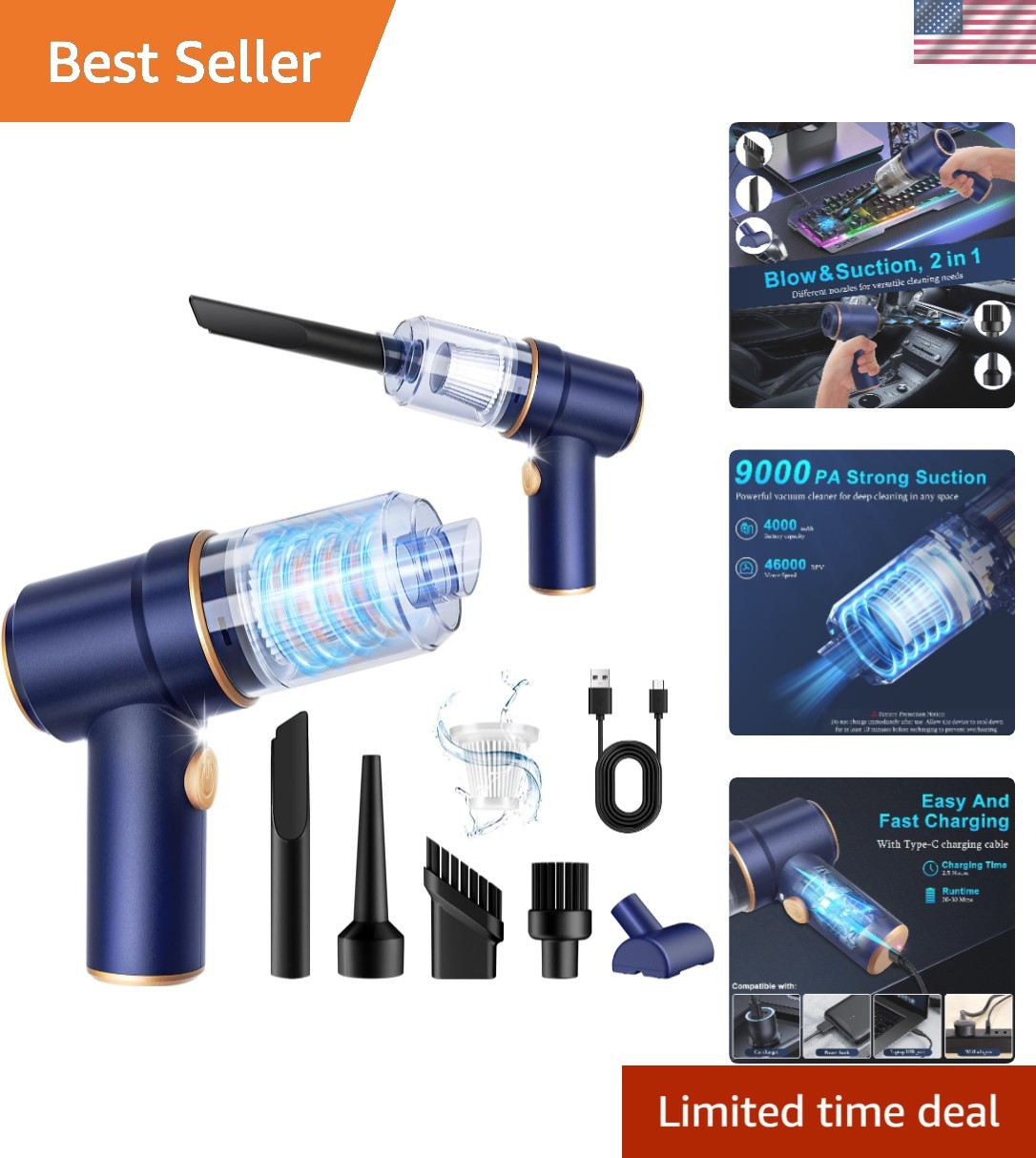 Cordless 120W High-Power Handheld Vacuum with Fast Charging & Multi-Nozzles