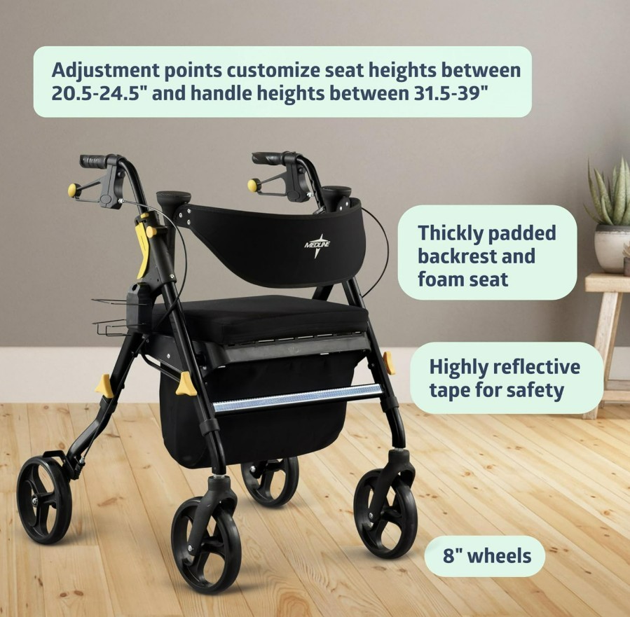 Medline Premium Empower Folding Mobility Rollator Walker with Memory Foam Seat