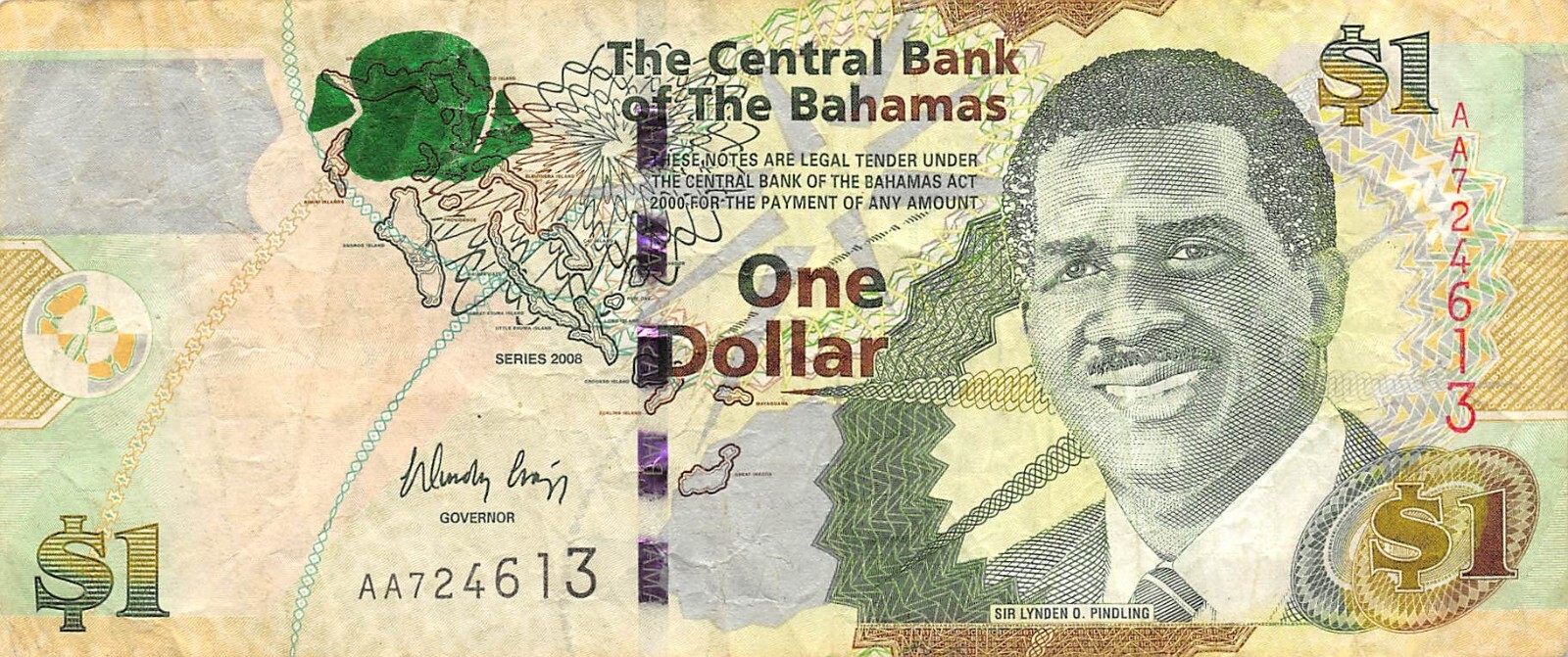 Bahamas  $1   2008  Series  AA  Circulated Banknote  New 1
