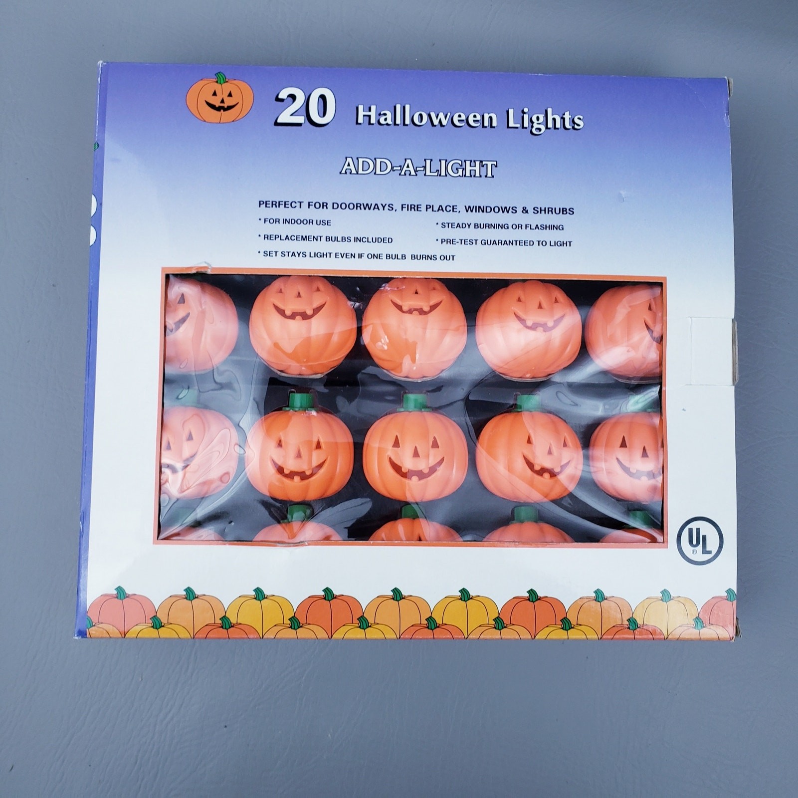 Vtg Halloween Jack O Lantern Pumpkin String Lights, Blow Mold, Set of 20, Tested