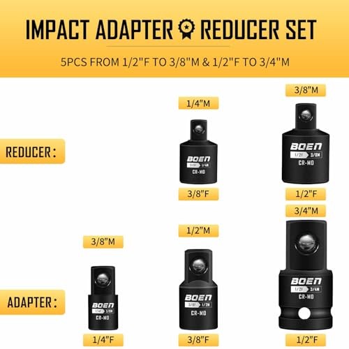 5 Piece Impact Socket Adapter Set and Reducer Set, Standard SAE, 5PCS CR-MO