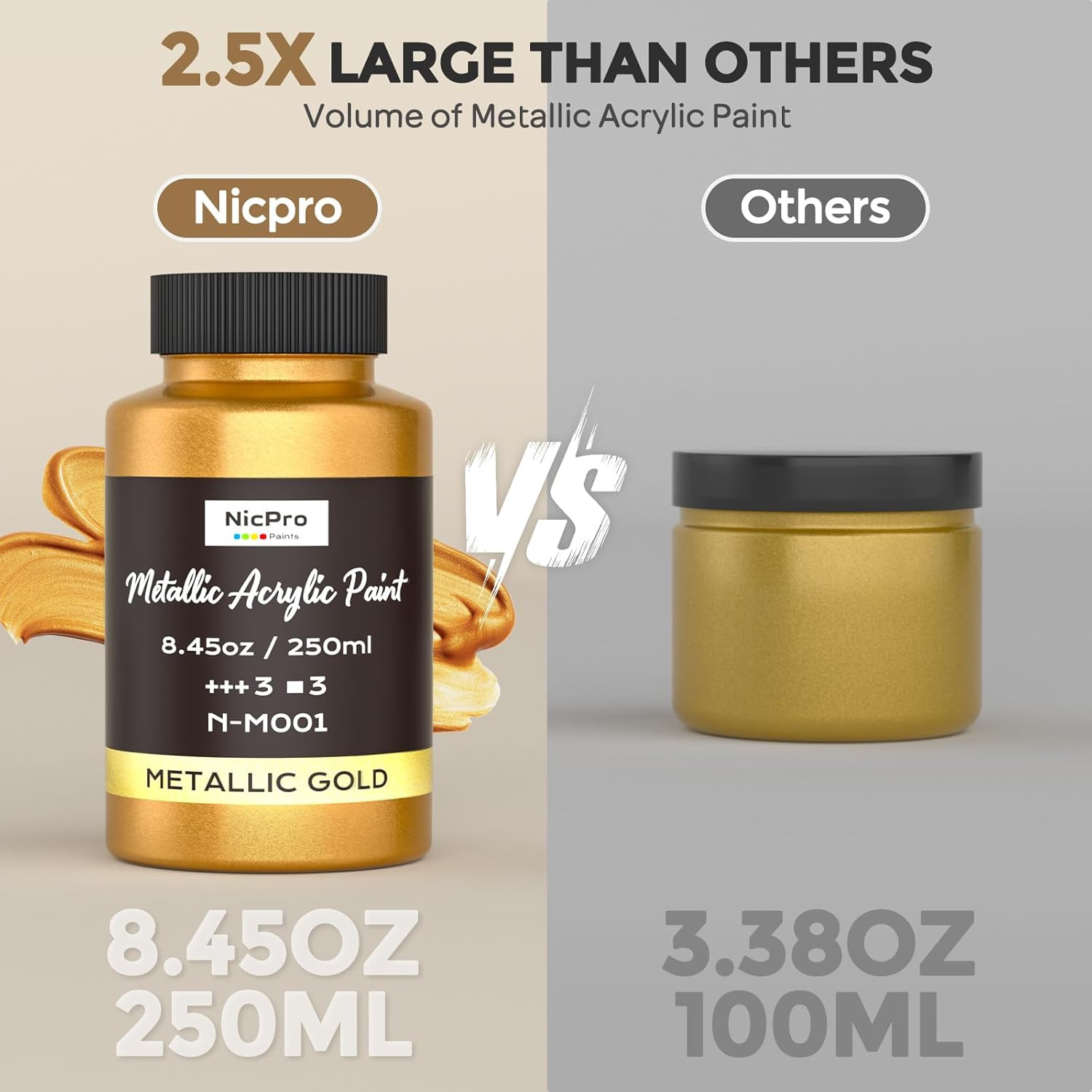 Nicpro Metallic Gold Acrylic Paint, 8.45Oz/250Ml Large Gold Leaf Paint, Non Toxi
