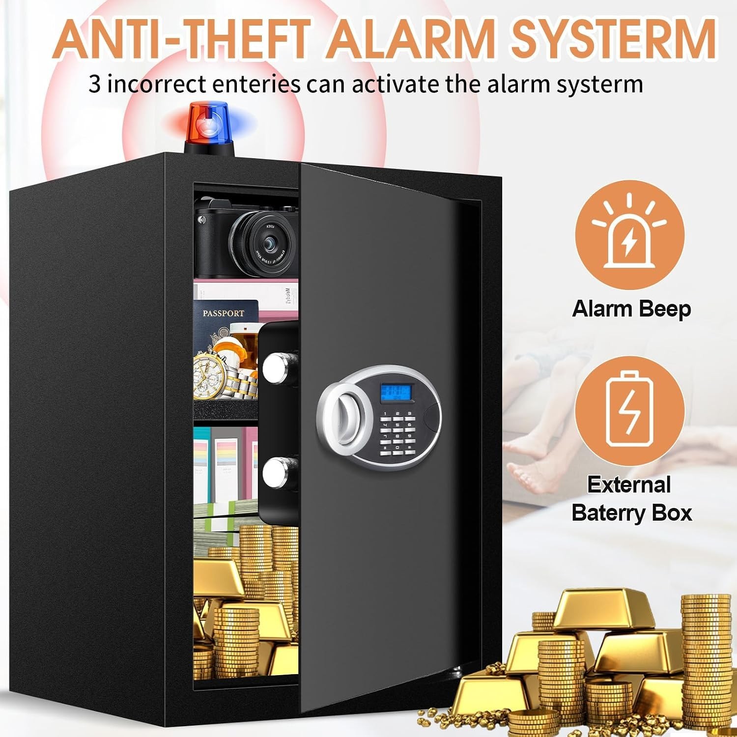 Waterproof 3.3 Cu Ft Digital Safe with Removable Shelf for Valuables & Documents