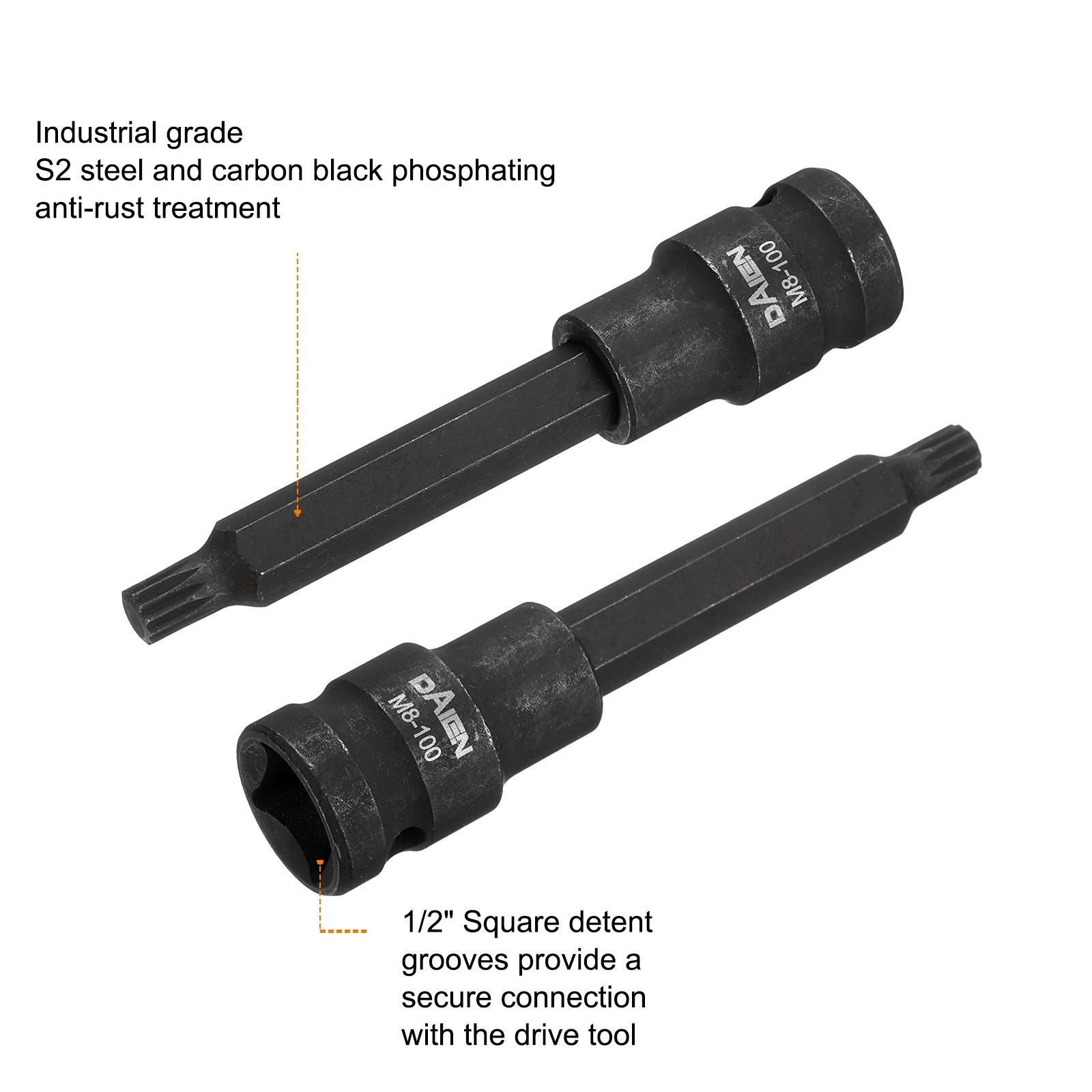 2pcs M8 12 Point Spline Bit Socket 100mm Length 1/2" Square Impact Bit, Black