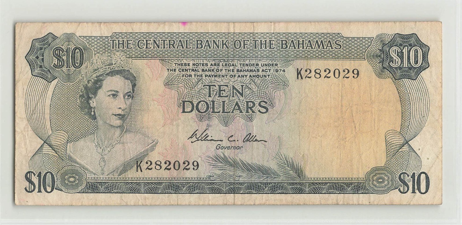 BAHAMAS $10 Dollars 1974, P-38b, Sign: Allen, K282029, QEII Banknote, Original.