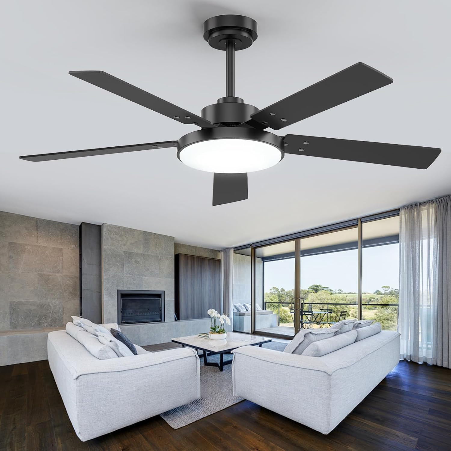 52" Black Ceiling Fan with Light & Remote, 6 Speeds, Modern Design for Indoor/Ou