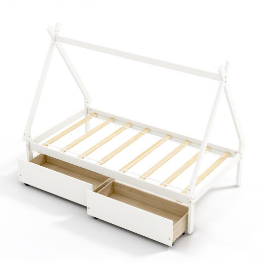 Twin Size Wooden Tent Platform House Bed with 2 Drawers-White - Color: White - S