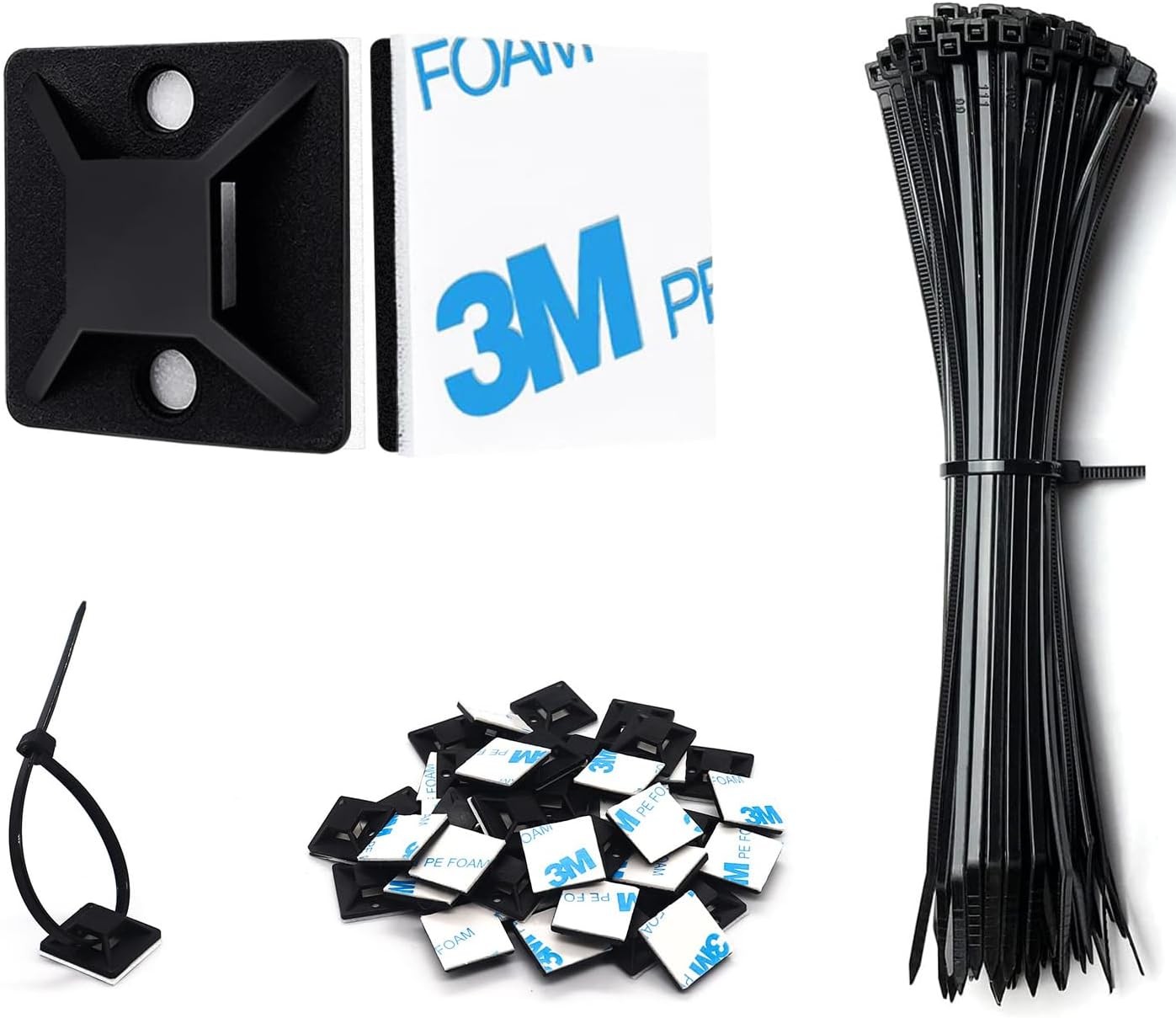 Strong Back-Glue Self Adhesive Cable Zip Tie Mounts Kit 6Inch-100 Set, Black