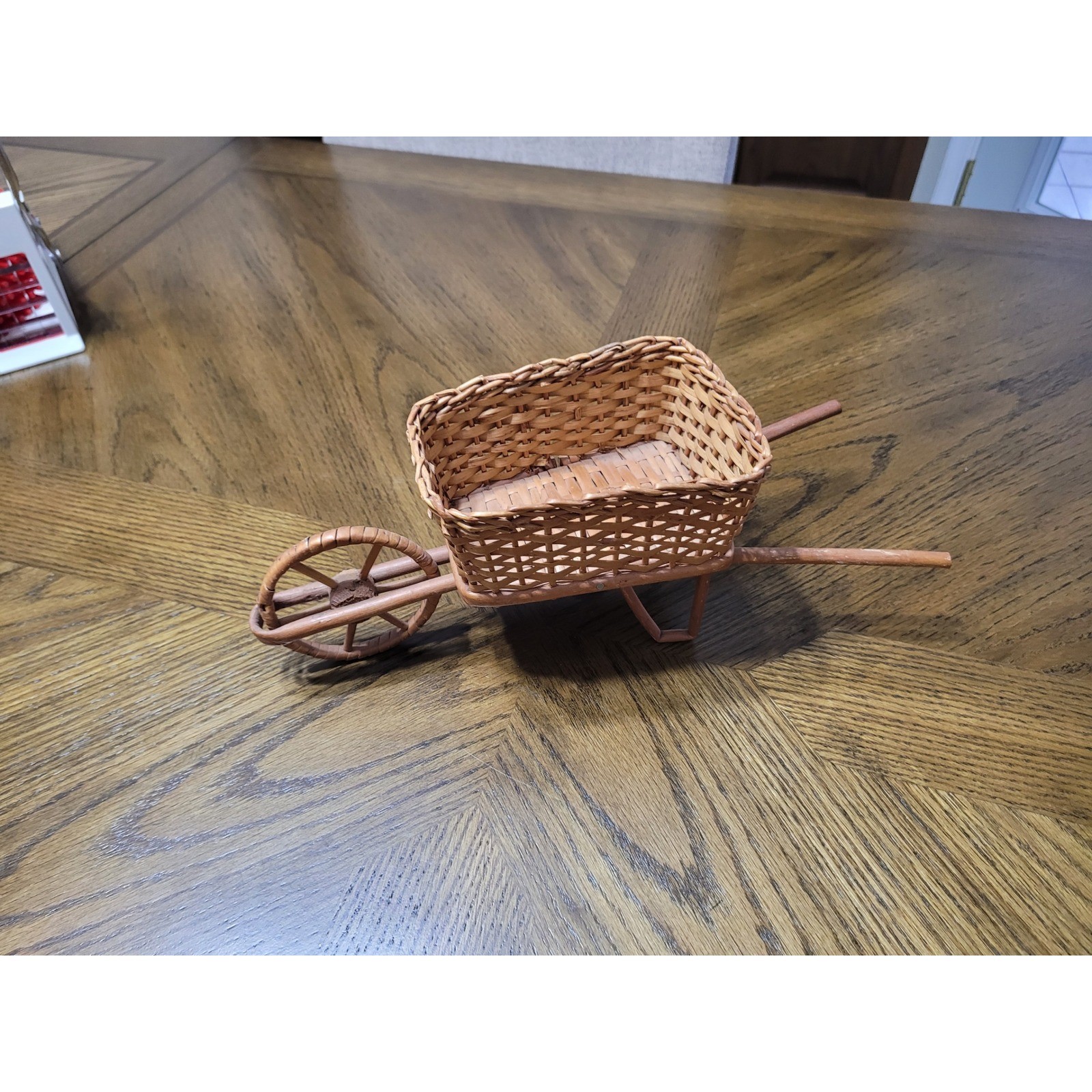 Vintage Woven Wicker Wheelbarrow Basket Decorative Rustic Planter Decor