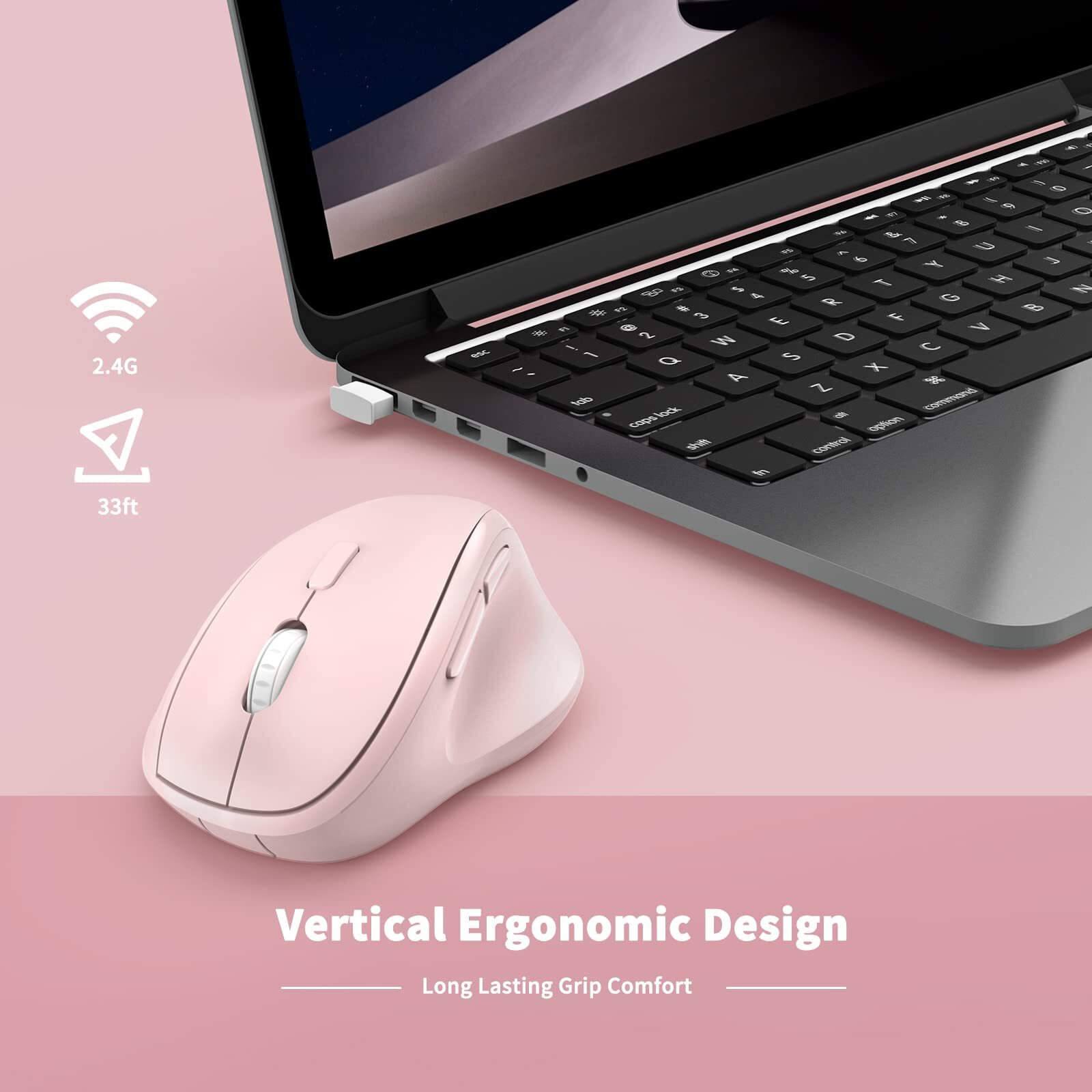 Ergonomic Wireless Mouse with USB Receiver for PC Laptop and Desktop Pink