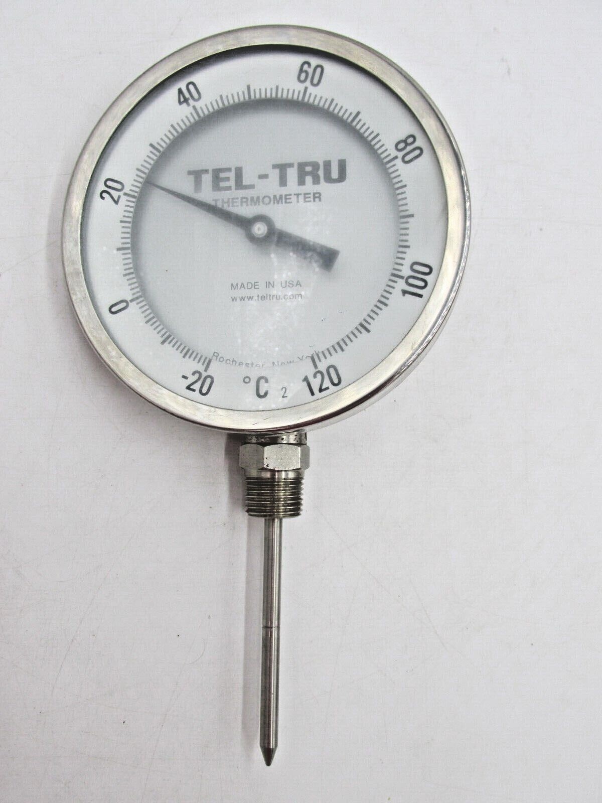 Tel Tru Thermometer Gauge 5" round 3" Stem -20 to 120 Degrees C Made in USA